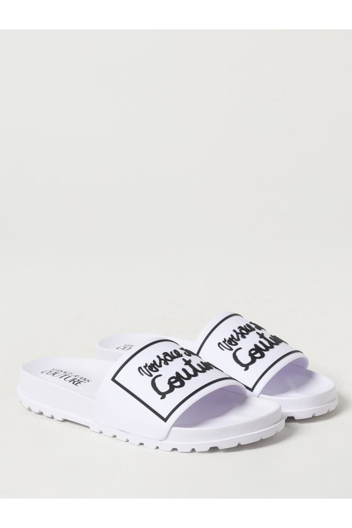 Versace-Women's Logo Patterned Front Surface Corrugated Rubber Comfortable Sole White Slippers 78Va3Sq 271352 -003 2