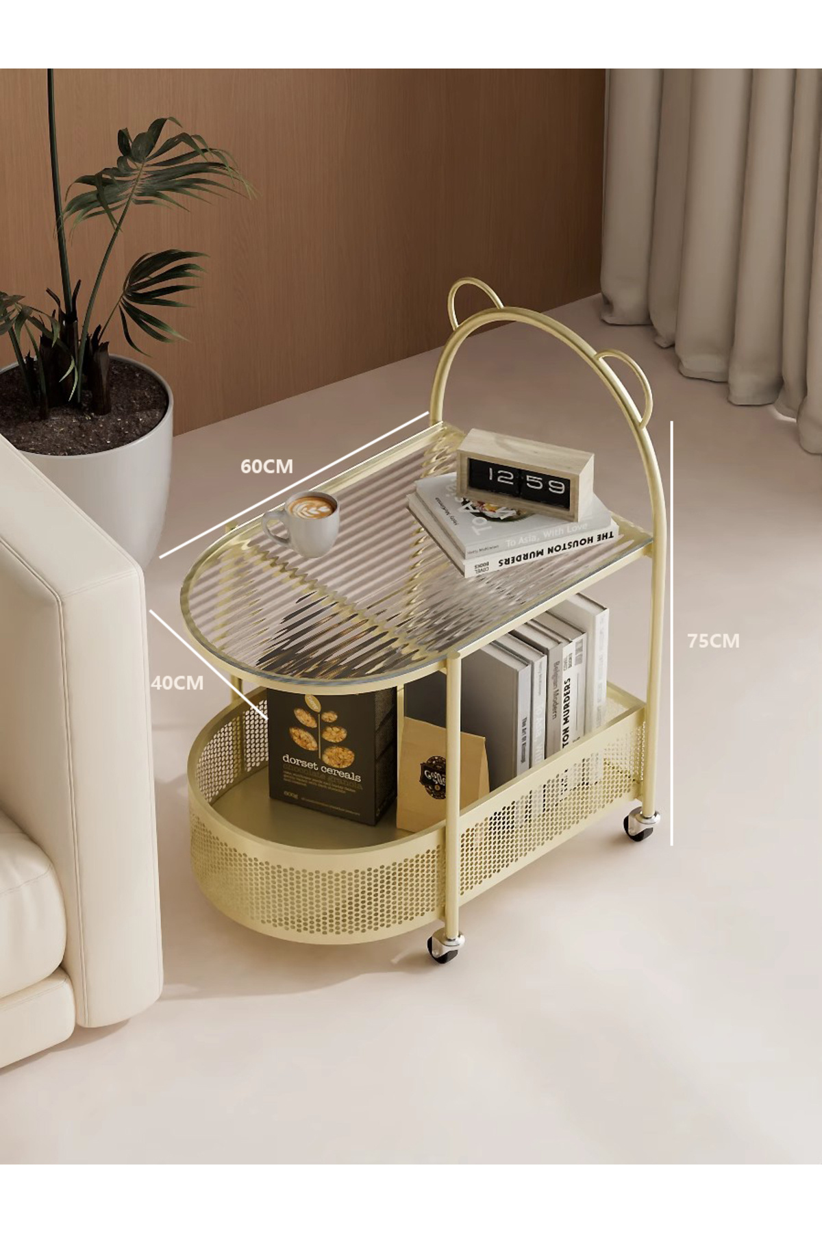 sharpdo-Light Luxury Cream Style Sofa Side Table with Movable Trolley Shelf 5