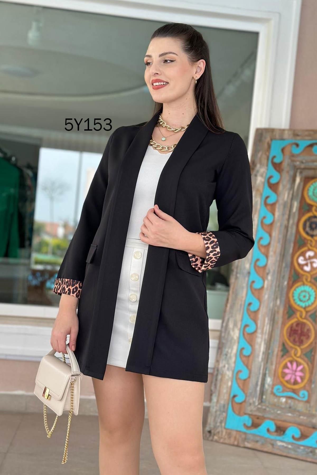 İnce Topuk-Leopard Garnished Long Blazer Jacket 5Y153 3