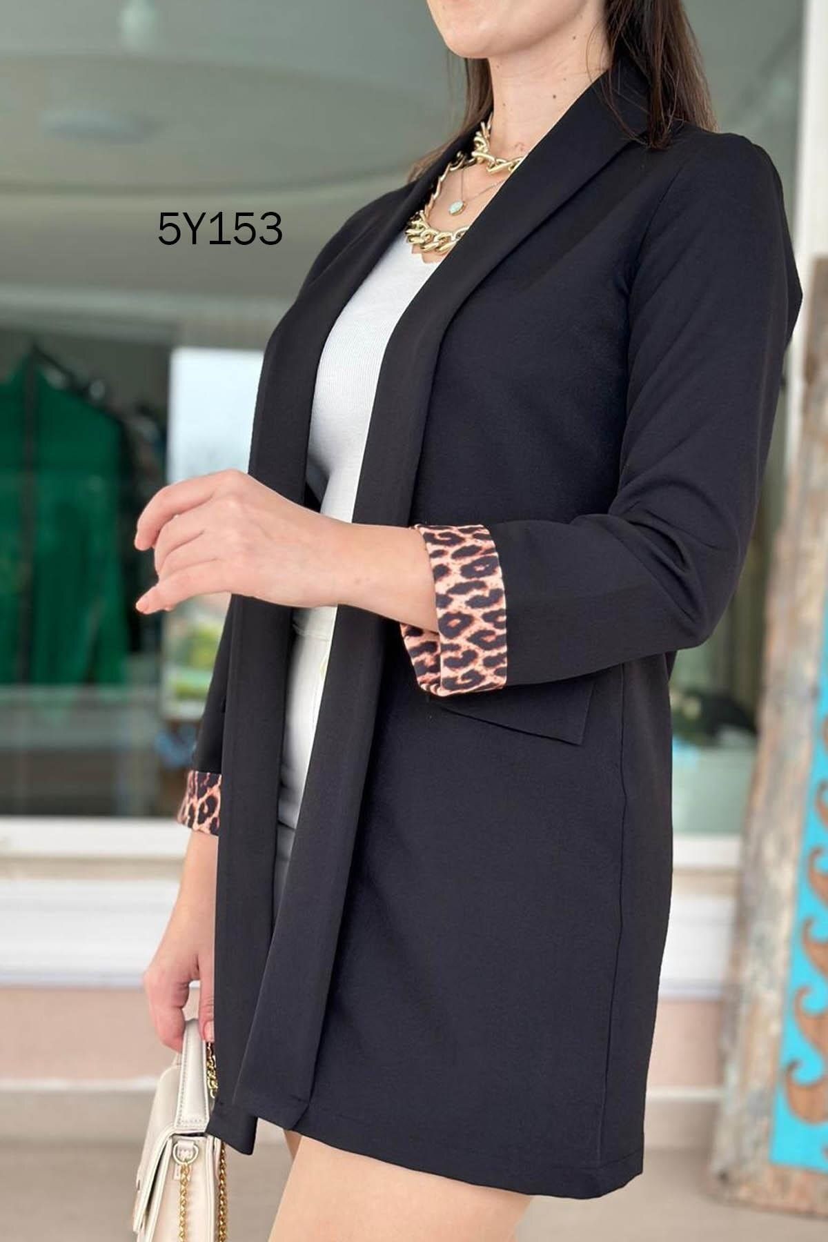 İnce Topuk-Leopard Garnished Long Blazer Jacket 5Y153 4