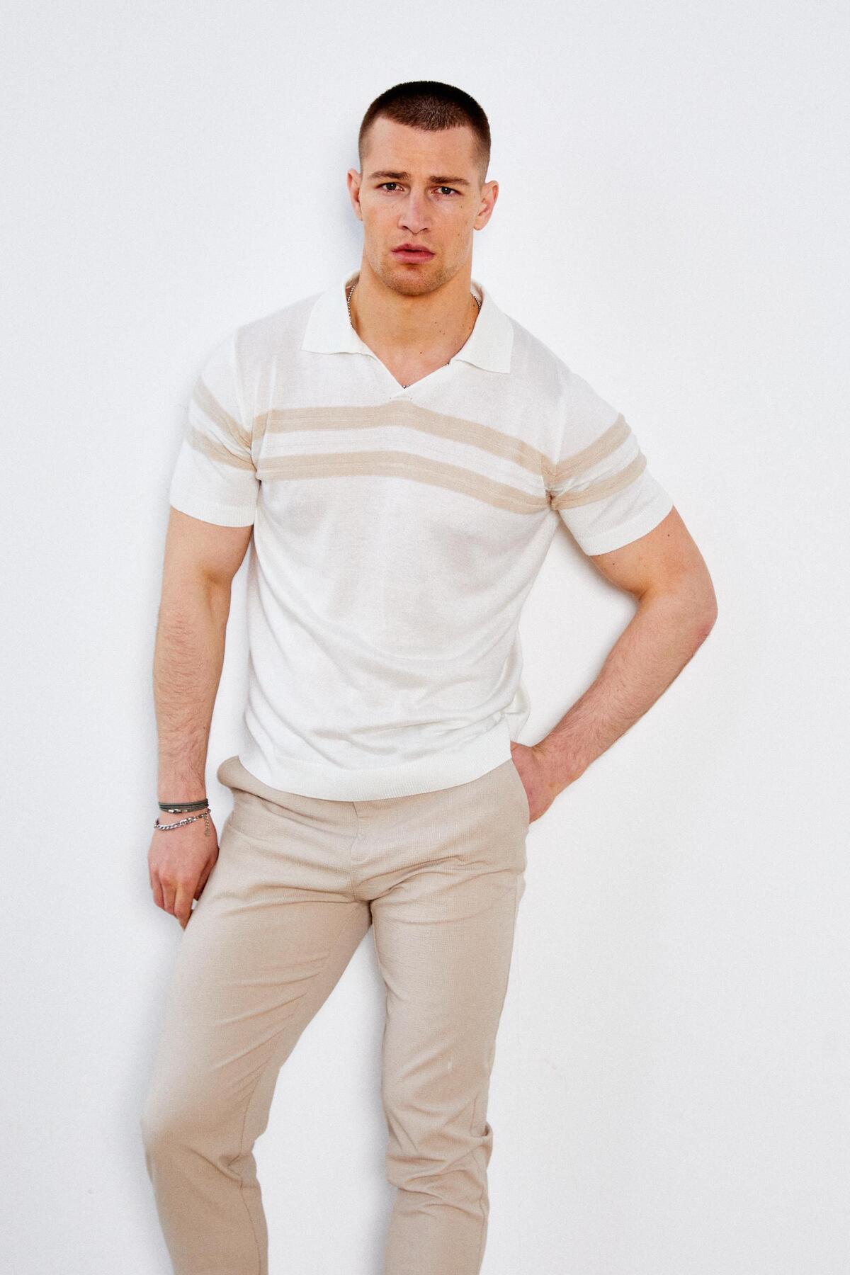TENA-Men's Ecru Apaş V-Neck Chest and Sleeve Striped Knitwear T-Shirt 3