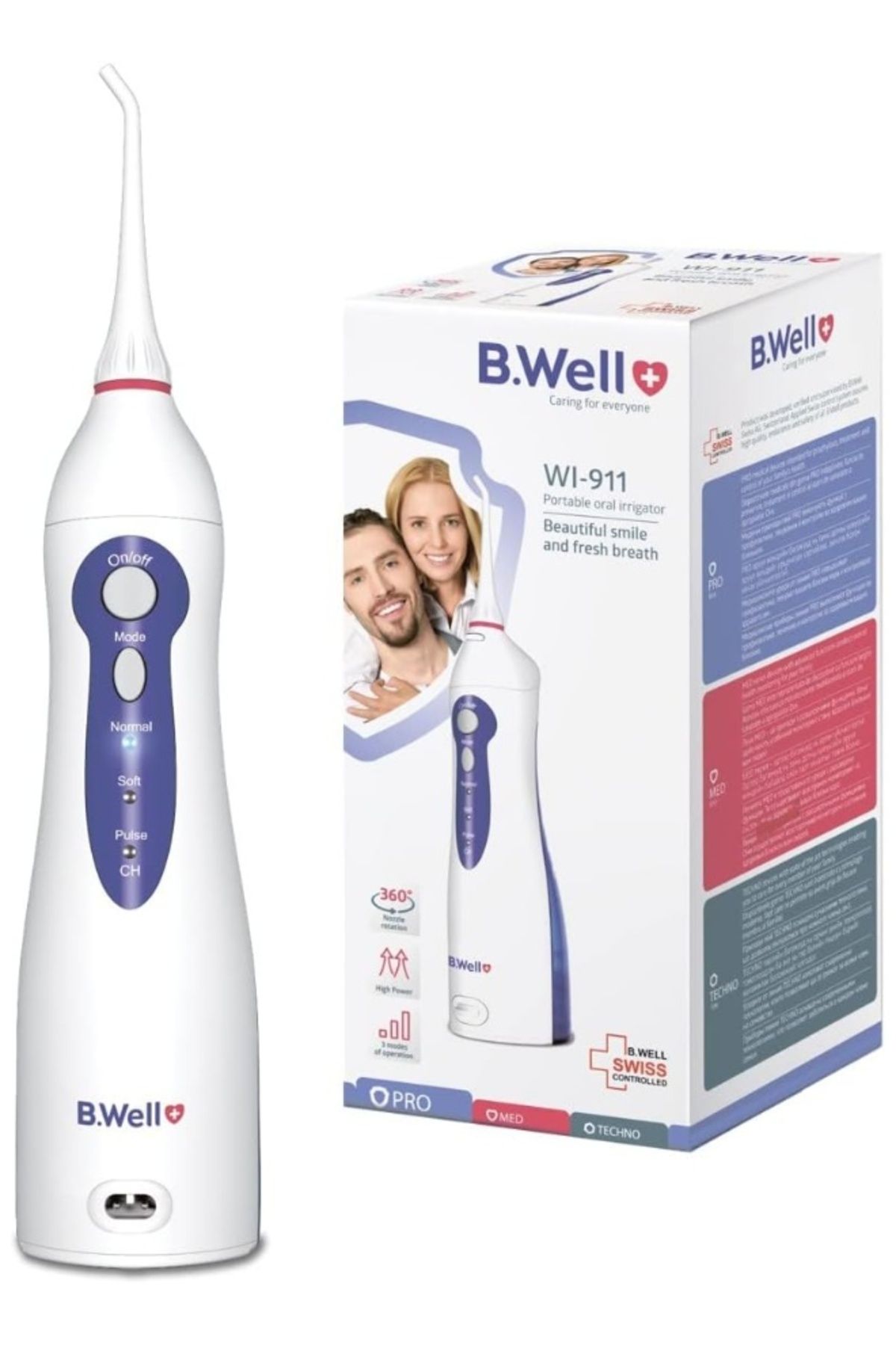 B Well-جهاز تنظيف الأسنان بالماء المحمول WI-911 من B.Well بثلاثة أوضاع مع رأسين للمستخدم وشاحن بطارية ليثيوم أيون 1