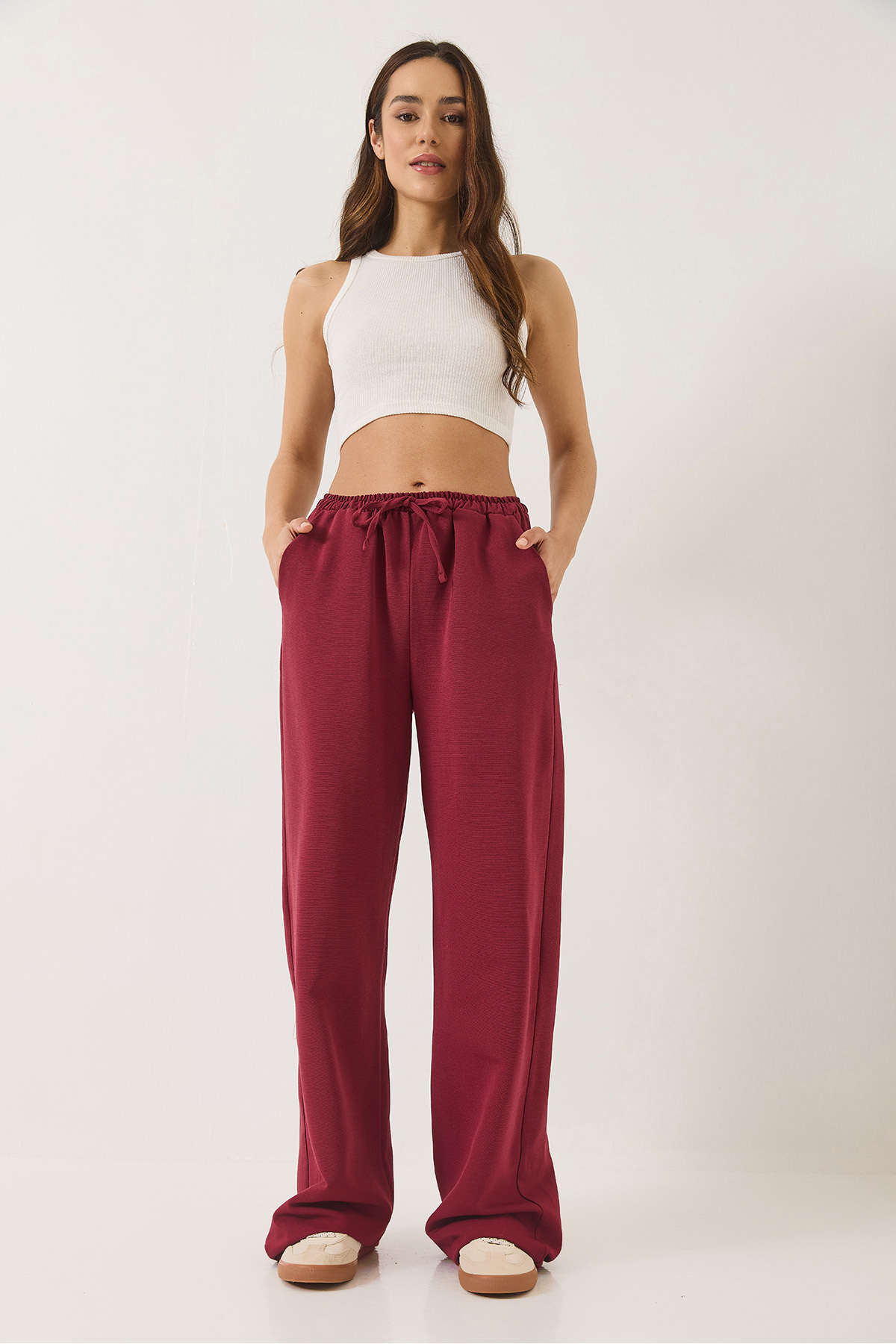 Bianco Lucci-Women's Elastic Waist Pocket Detailed Palazzo Linen Trousers 80182 60271083 4