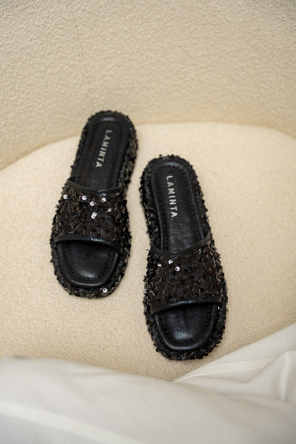 LAMİNTA-Bubble Black Sequin Women's Slippers 4