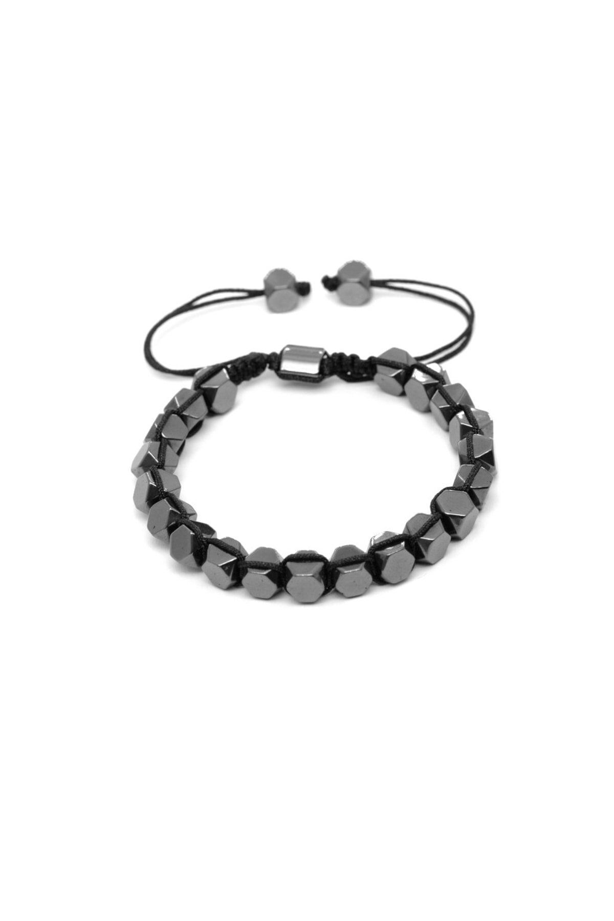 Tesbihane-Macrame Braided Hexagonal Prism Design Hematite Natural Stone Women's Bracelet 4