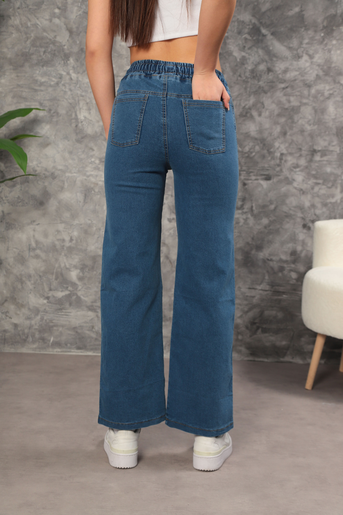 GÜLİZİM BUTİK  MAVİ Kadın Beli Lastikli Yüksek Bel Plazzo Likralı Büyük-Küçük Beden Jeans - Görsel 2