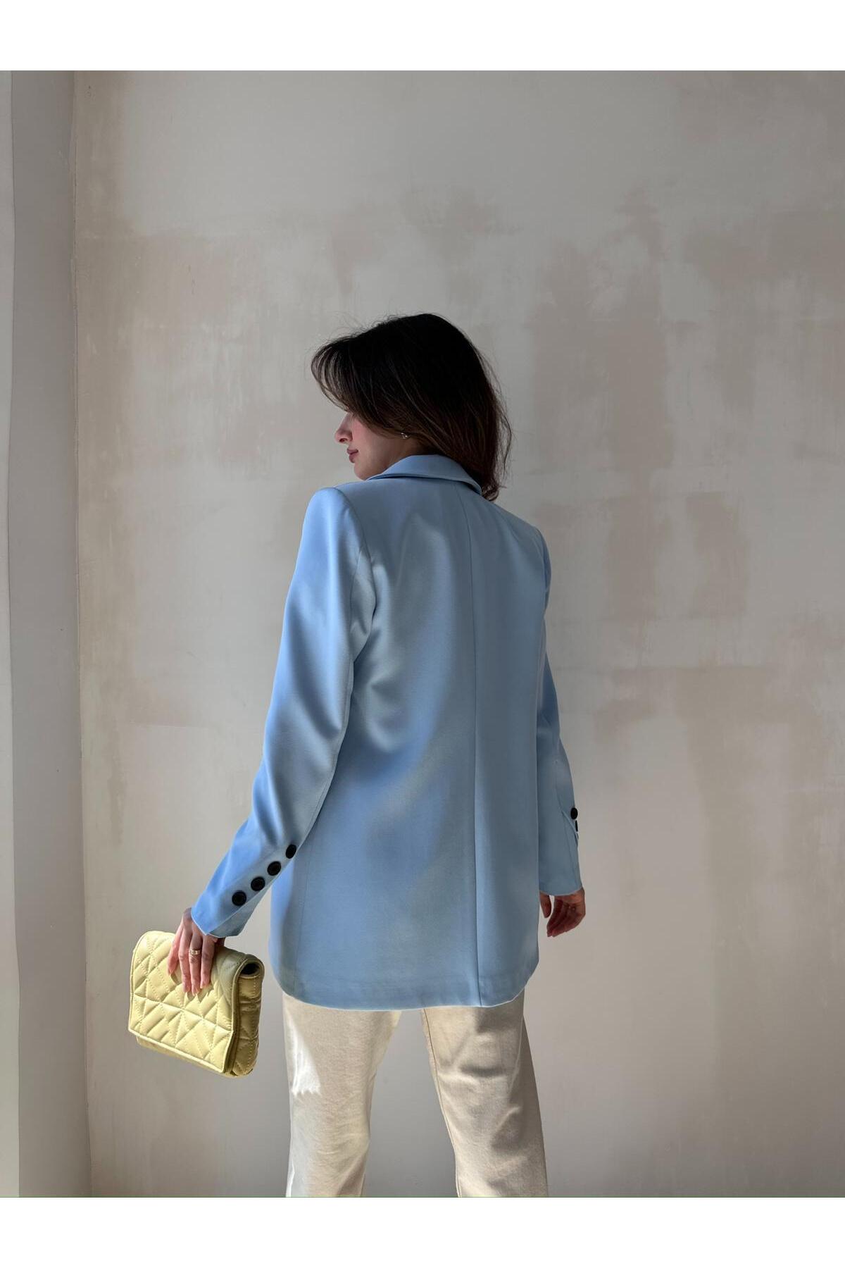 Veste blazer femme bleu satin à un bouton - Görsel 3
