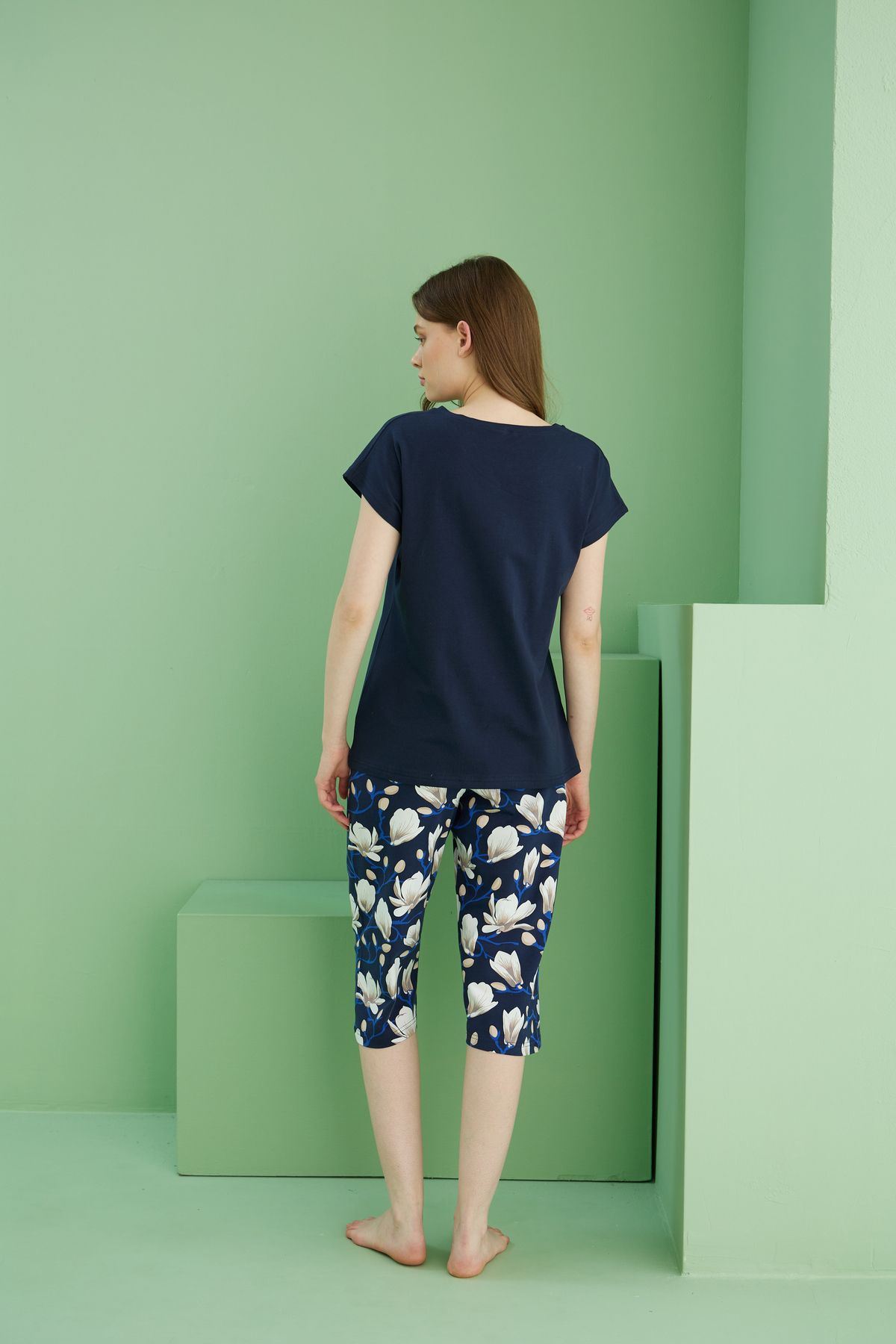 Siyah İnci-Navy Blue Patterned Crew Neck Knitted Cotton Capri Suit 25112249 3