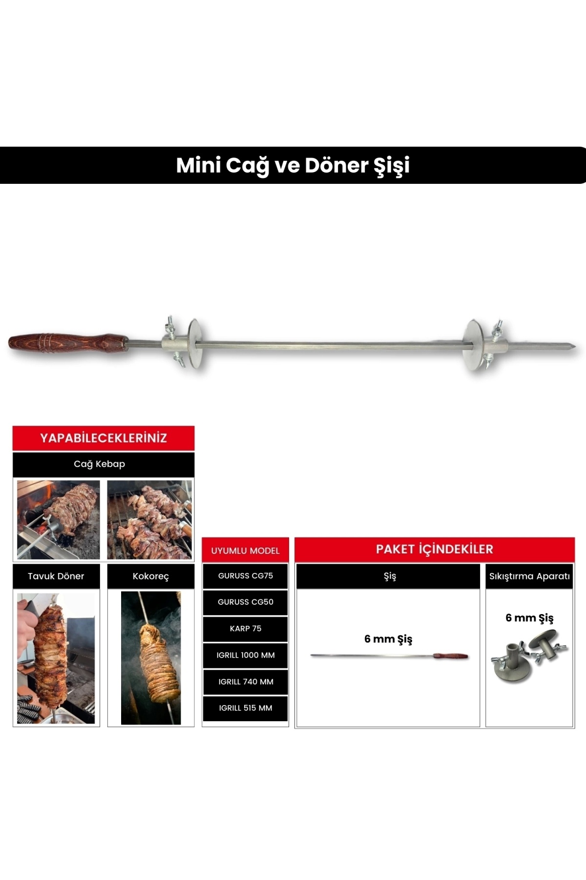 Meaty Cheesy Mini Cağ ve Döner Şişi Paslanmaz Çelik Şiş (57 cm) + (2 Adet Et Sıkıştırma Aparatı)