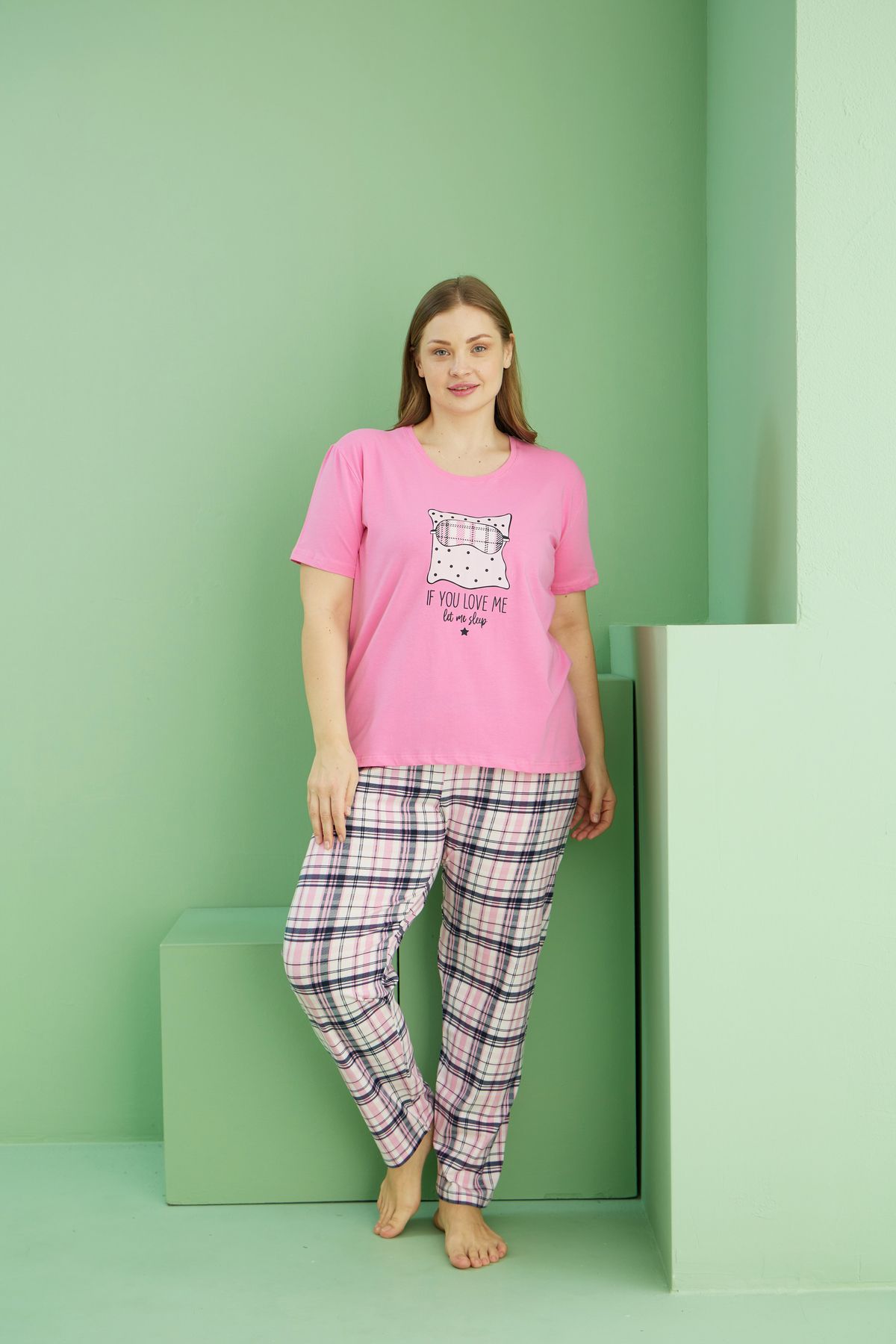 Siyah İnci-Pink Patterned Curve Plus Size Oversize Cotton Pajama Set 25113783 2