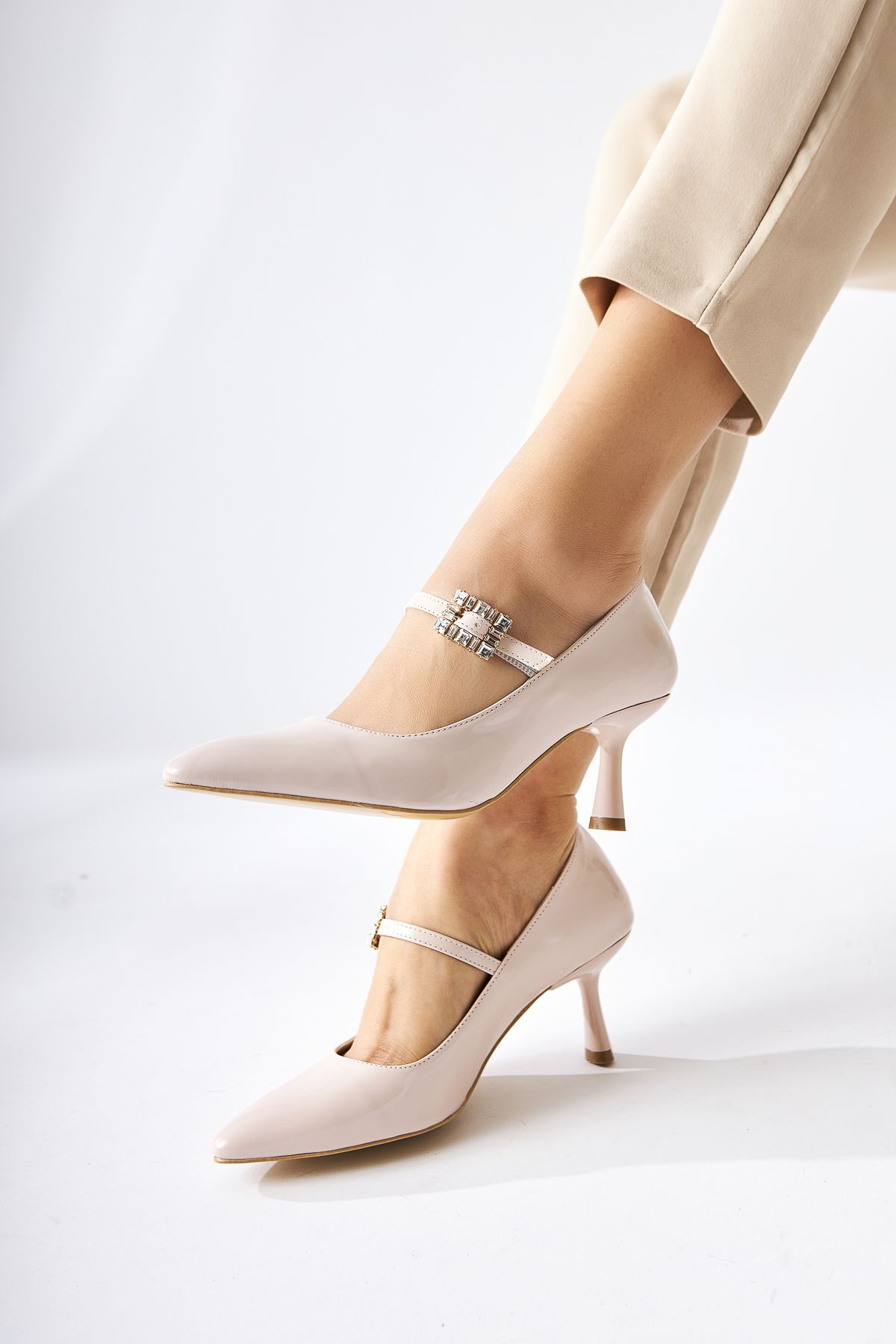 Limoya-Maria Beige Patent Leather Buckle Women's Heeled Shoes 2