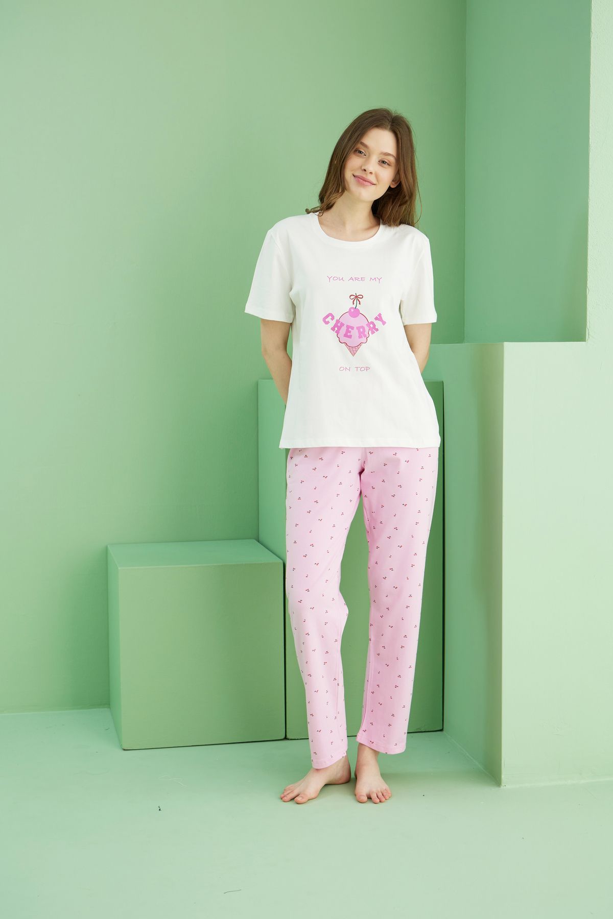 Siyah İnci-Ecru Patterned Cotton Crew Neck Knitted Pajama Set 25117085 2