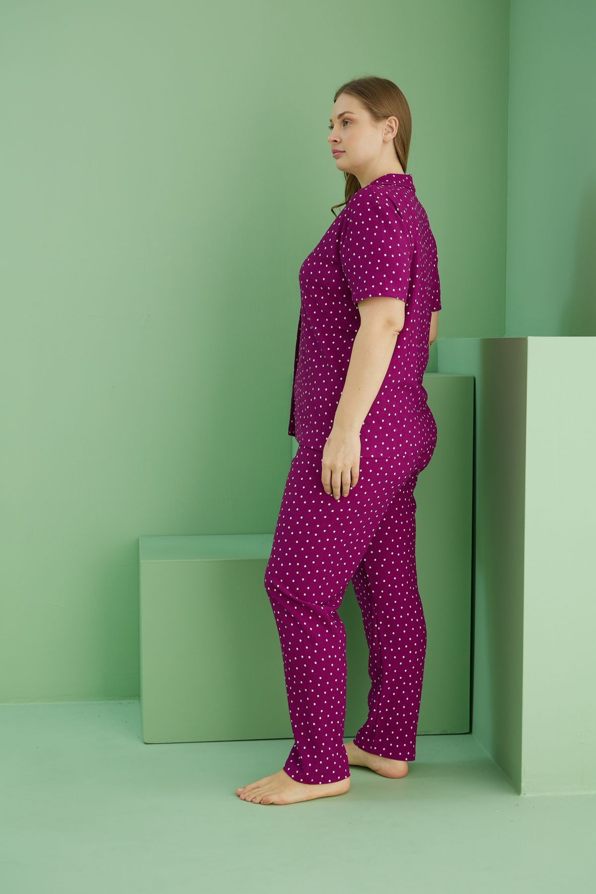 Siyah İnci-Cherry Pattern Bürümcük Fabriccurve Large Size Oversize Buttoned Pajama Suit 3