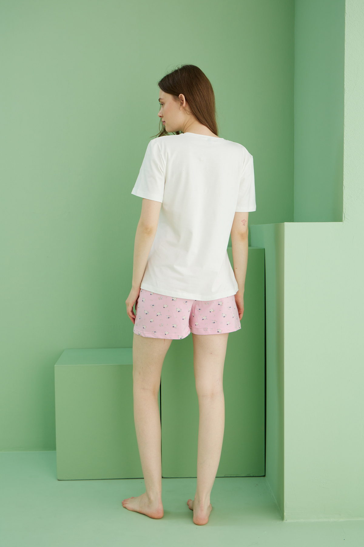 Siyah İnci-Ecru Patterned Cotton Crew Neck Knitted Shorts Set 25115025 3