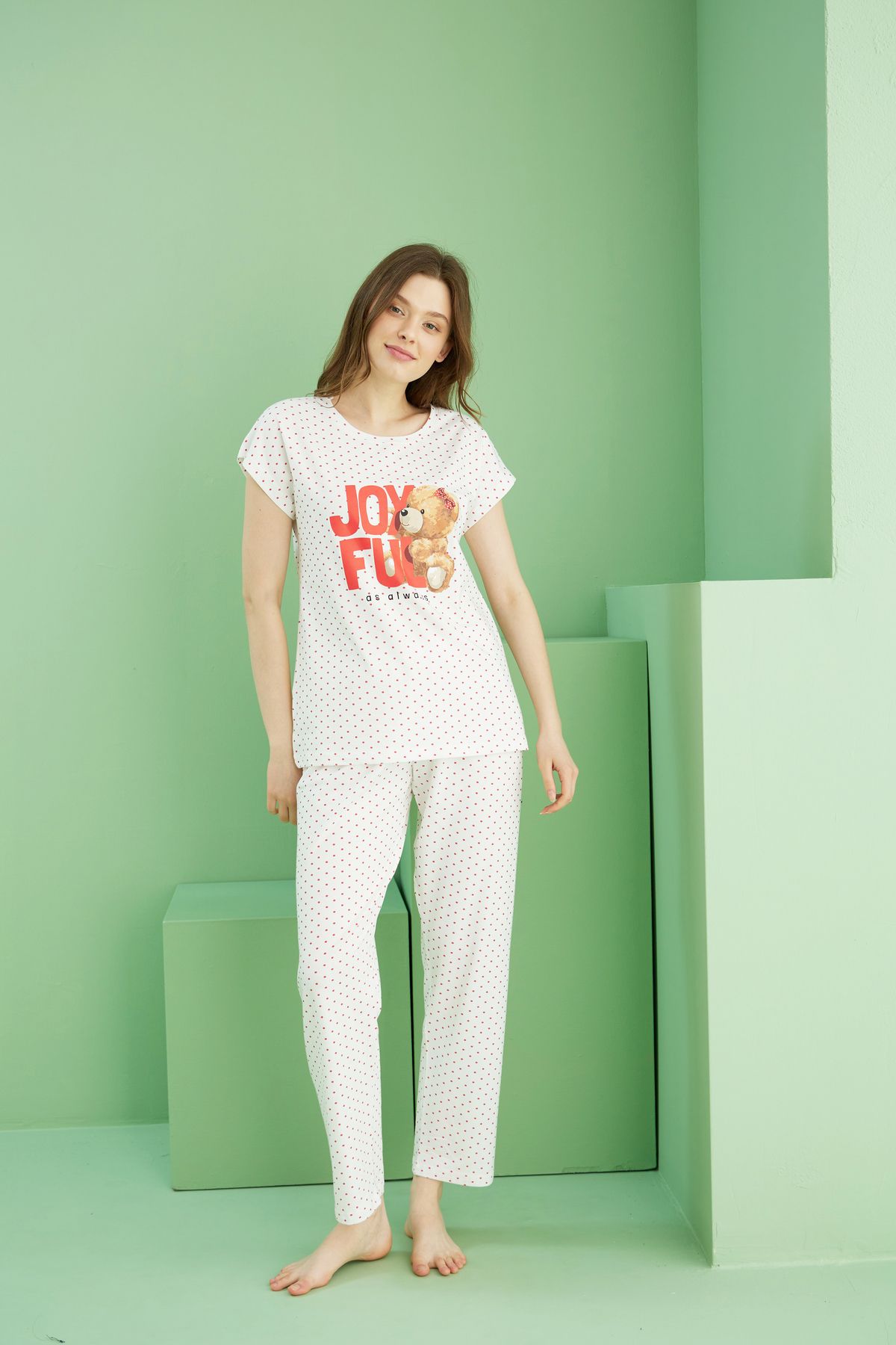 Siyah İnci-Ecru Patterned Cotton Crew Neck Knitted Pajama Set 25117080 2