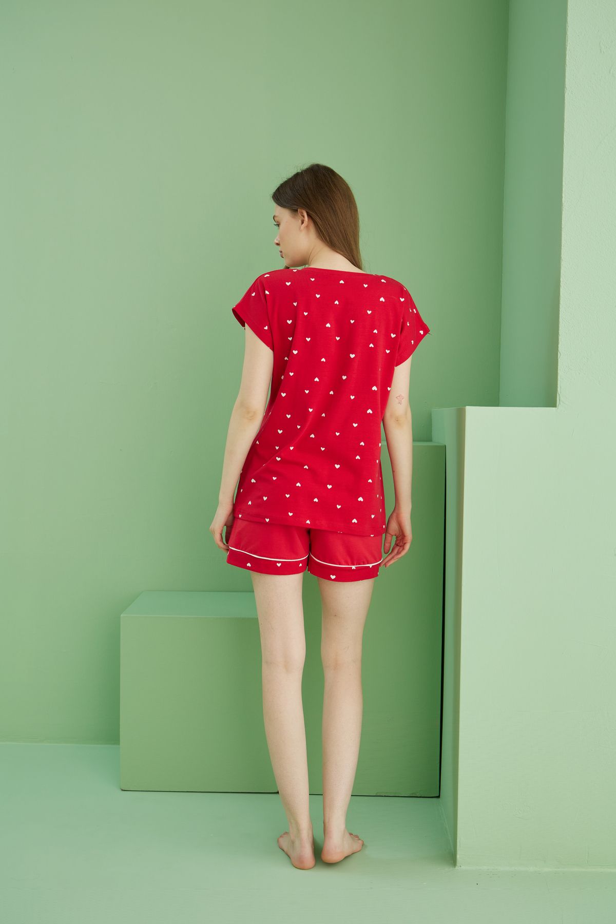 Siyah İnci-Red Patterned Cotton Crew Neck Knitted Shorts Suit 25115021 3