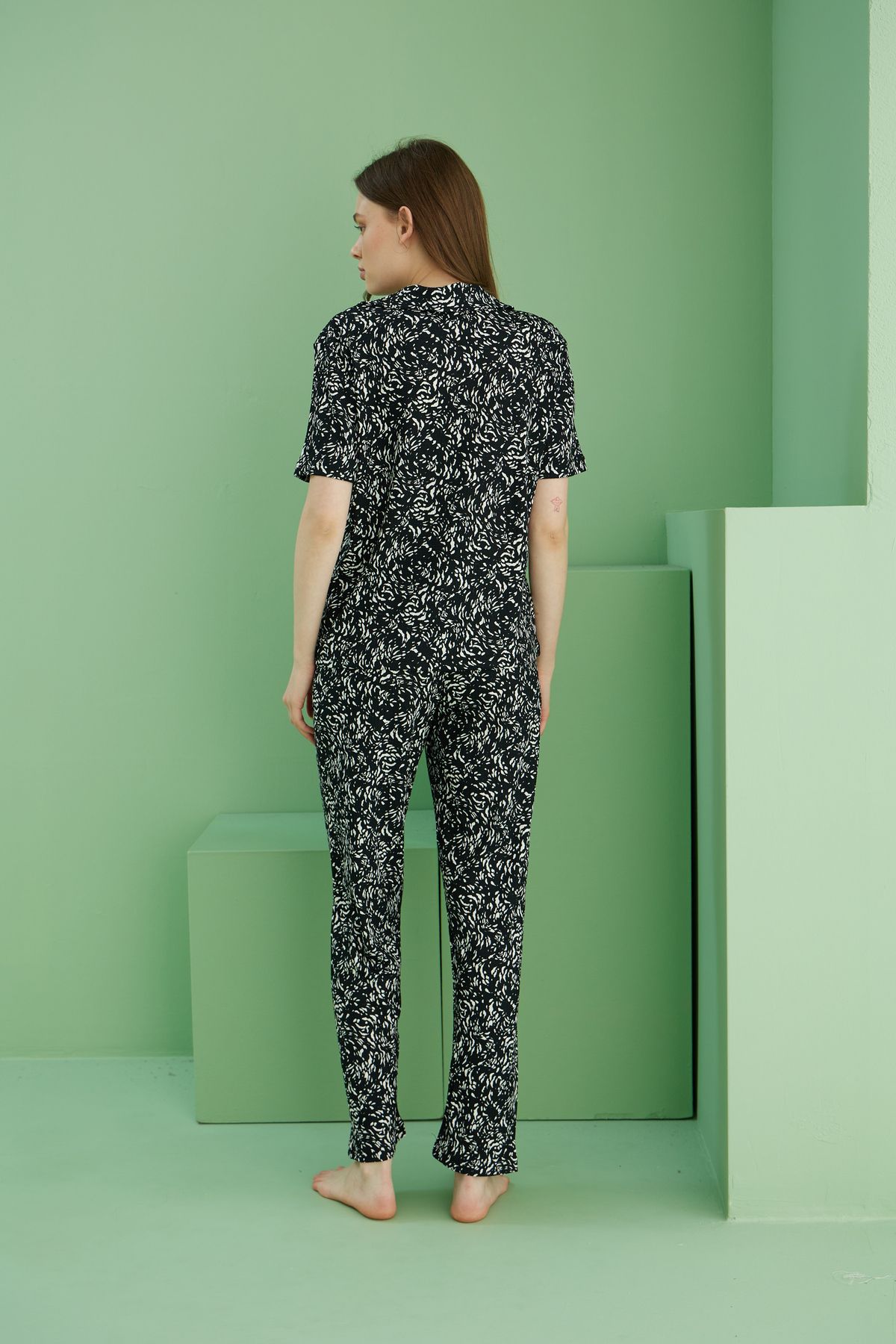 Siyah İnci-Black Patterned Twist Pajama Set 25118559   Broken Fabric Knitted Buttoned 3