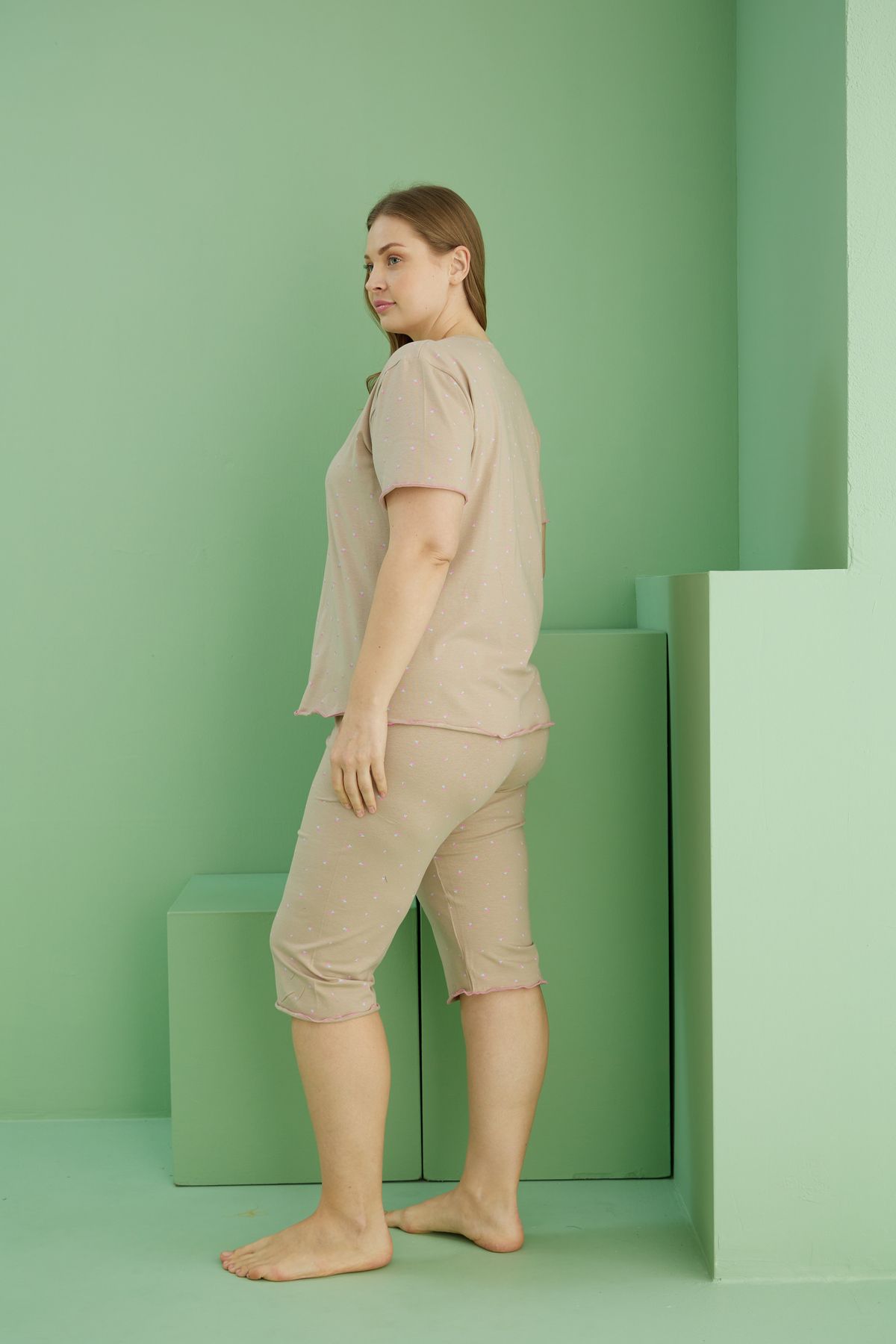 Siyah İnci-Mink Patterned Curve Large Size Oversize Cotton Capri Suit 25112784 3