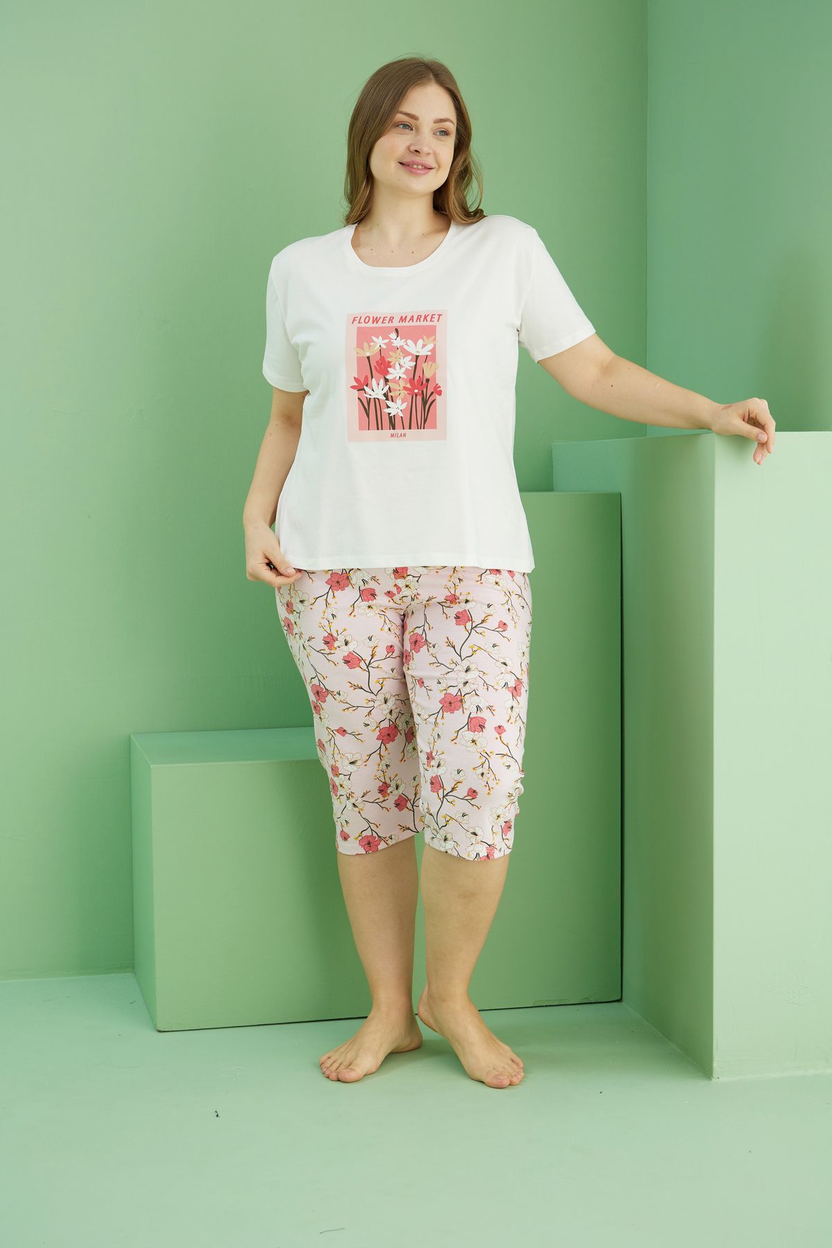 Siyah İnci-Ecru Patterned Curve Large Size Oversize Cotton Capri Suit 25112730 2