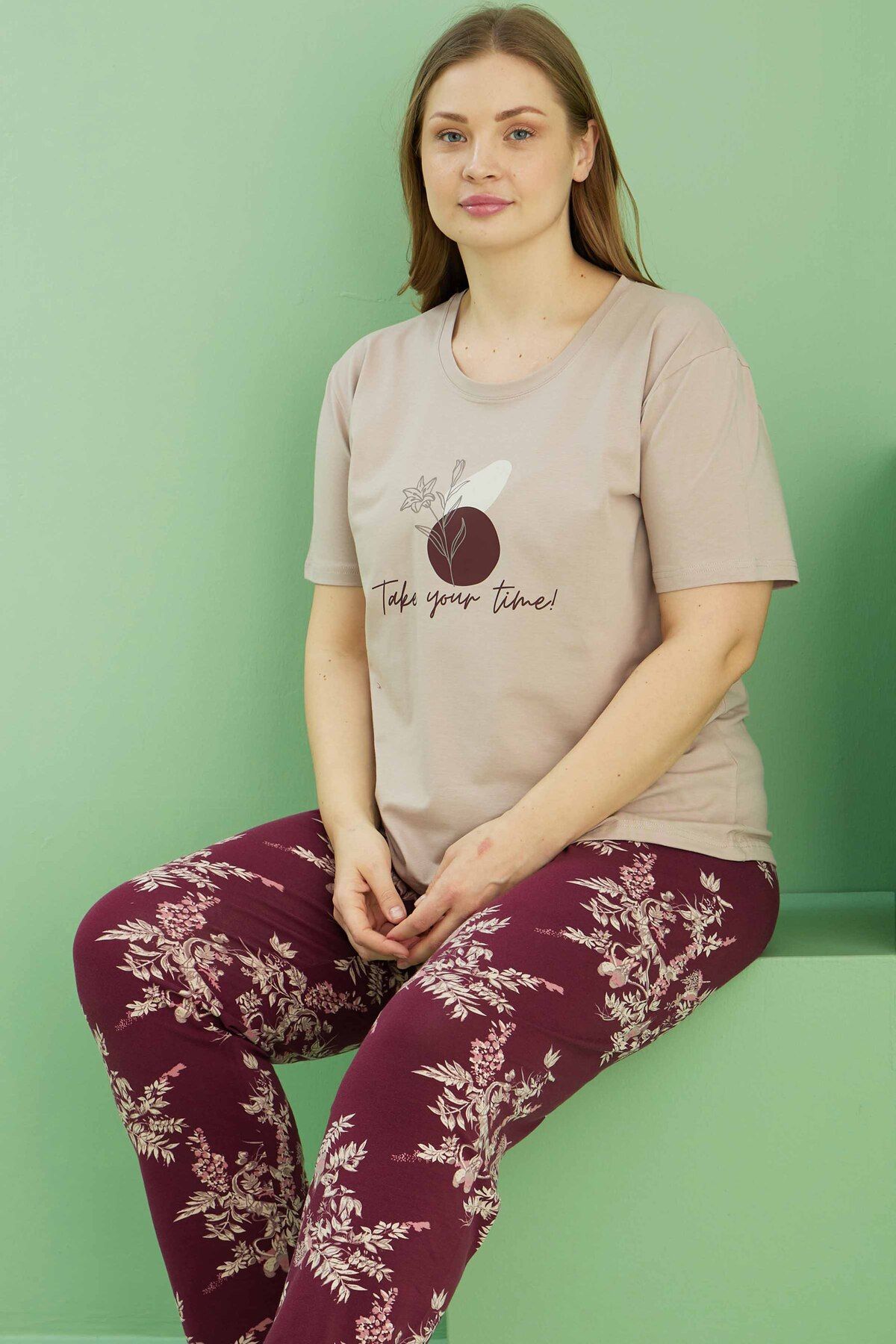 Siyah İnci-Mink Patterned Curve Large Size Oversize Cotton Pajama Set 25113813 1