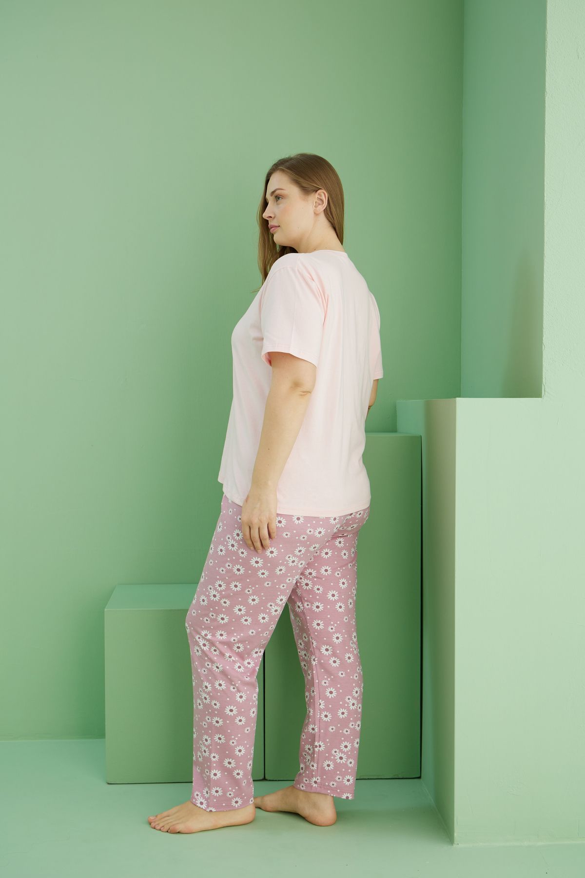 Siyah İnci-Salmon Patterned Curve Plus Size Oversize Cotton Pajama Set 25113741 3
