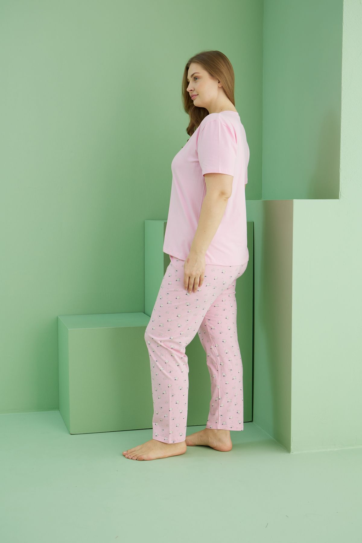 Siyah İnci-Pink Patterned Curve Plus Size Oversize Cotton Pajama Set 25113748 3