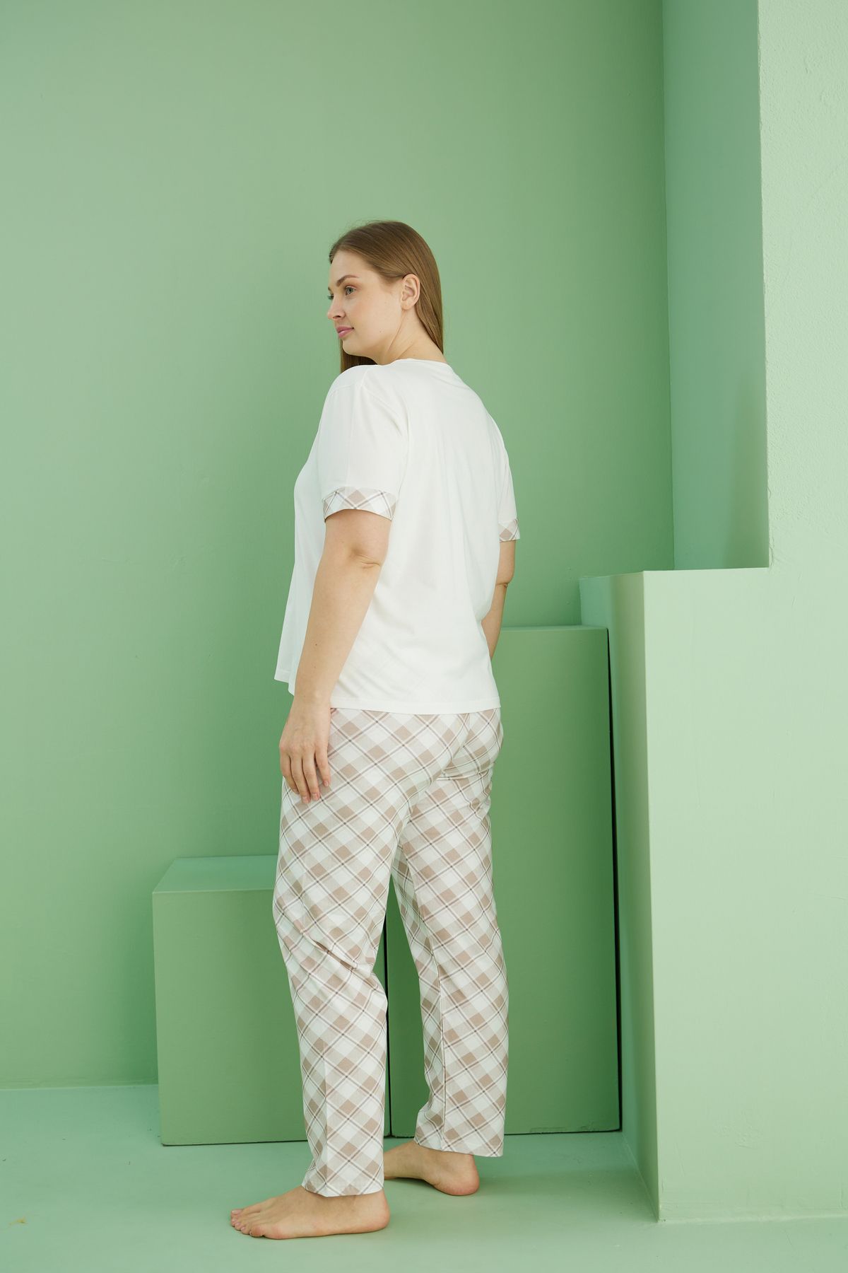 Siyah İnci-Ecru Patterned Curve Plus Size Oversize Cotton Pajama Set 25113773 3
