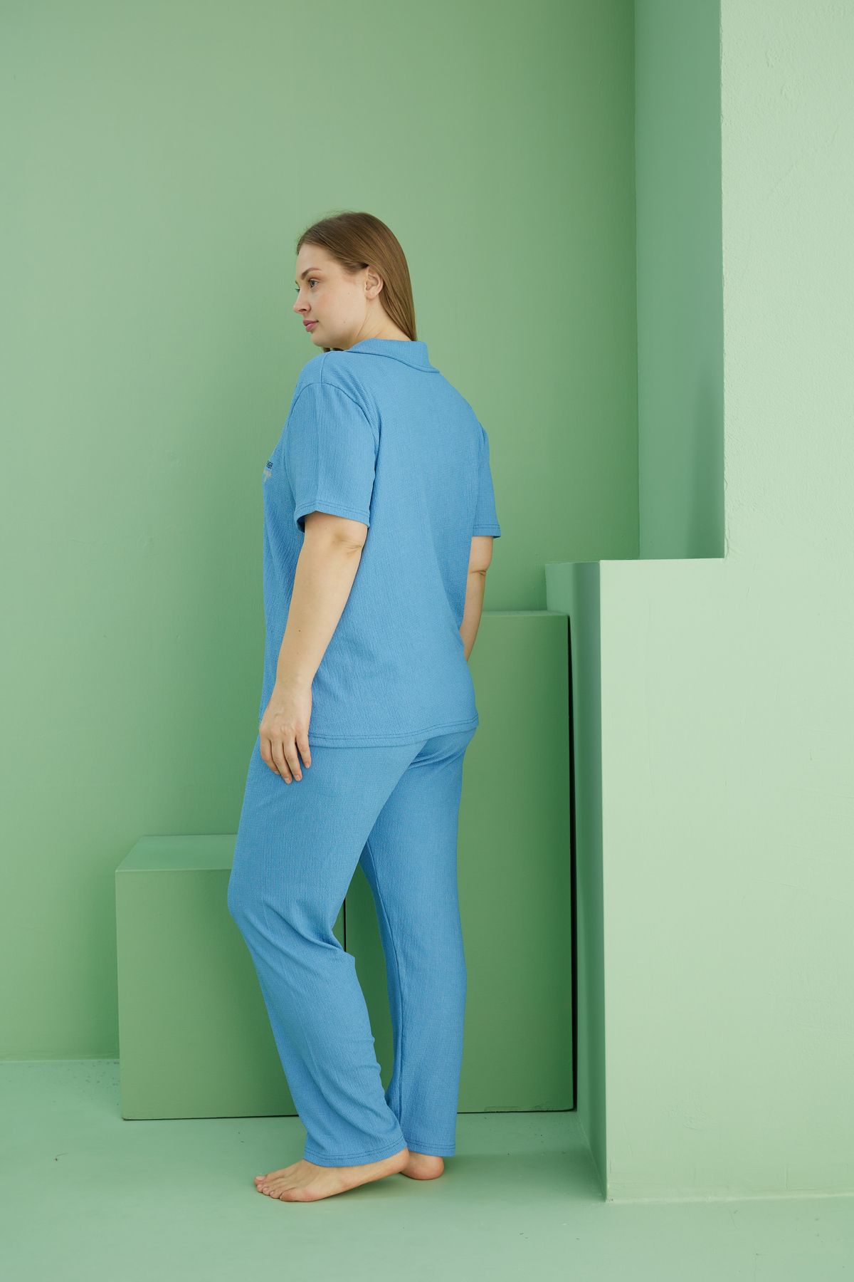 Siyah İnci-Blue Wrinkled Crinkle Fabriccurve Large Size Oversize Buttoned Pajama Set 3