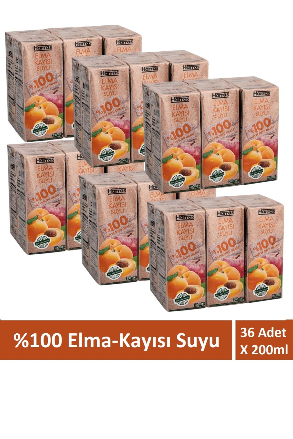 Harras Elma Kayısı Suyu %100 Meyve Suyu Oranı Şeker İlavesiz 36 Adet X 200 ml