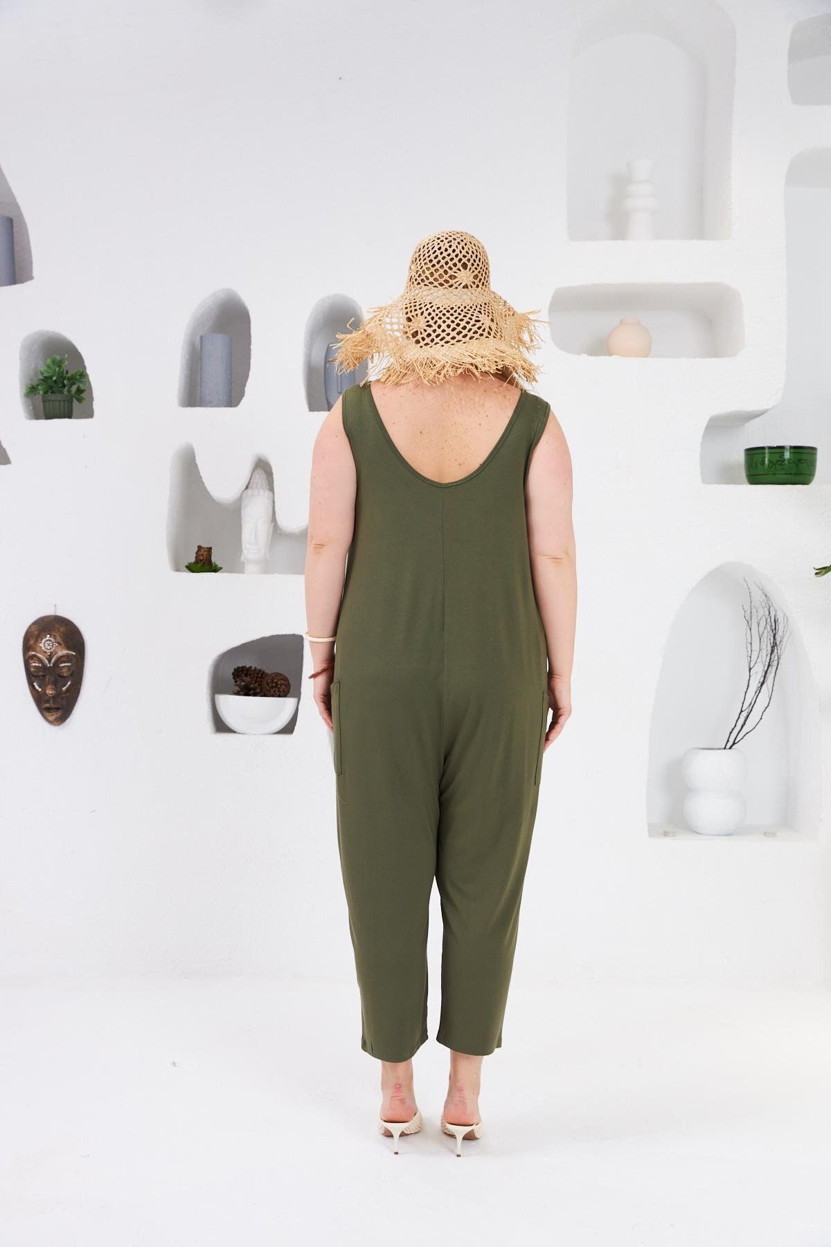 RMG-Large Size Jumpsuit with Pocket Detail Khaki 5