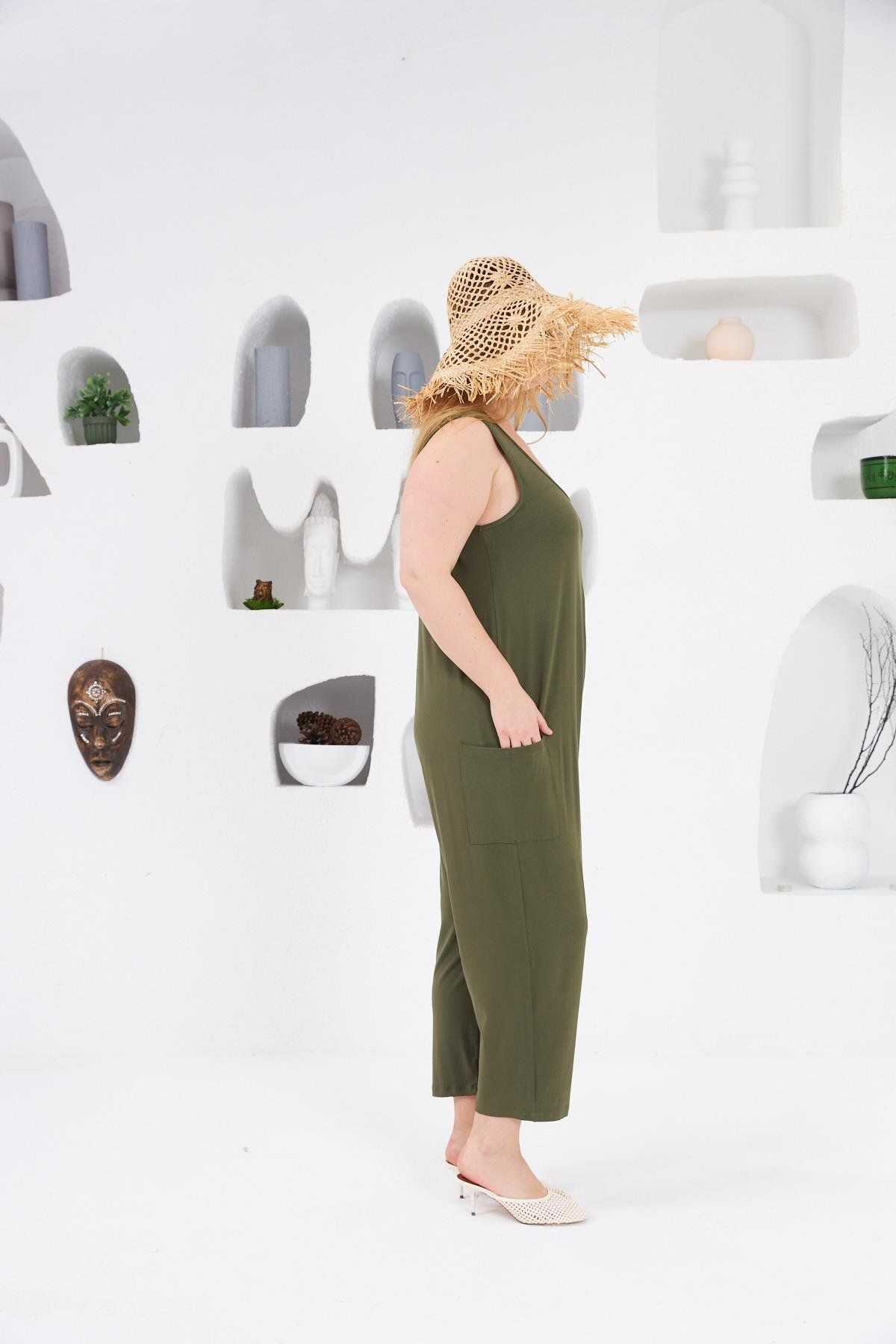 RMG-Large Size Jumpsuit with Pocket Detail Khaki 3