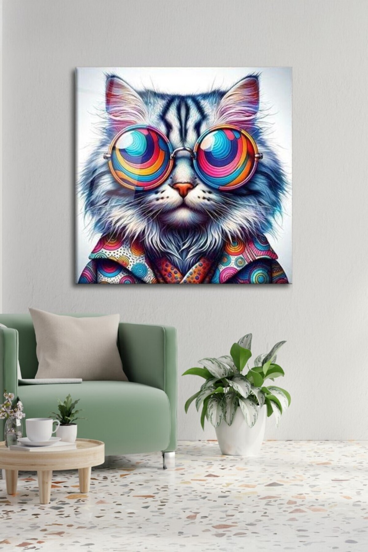 Hipster Kedi Renkli Bakış Cam Tablo görsel 4