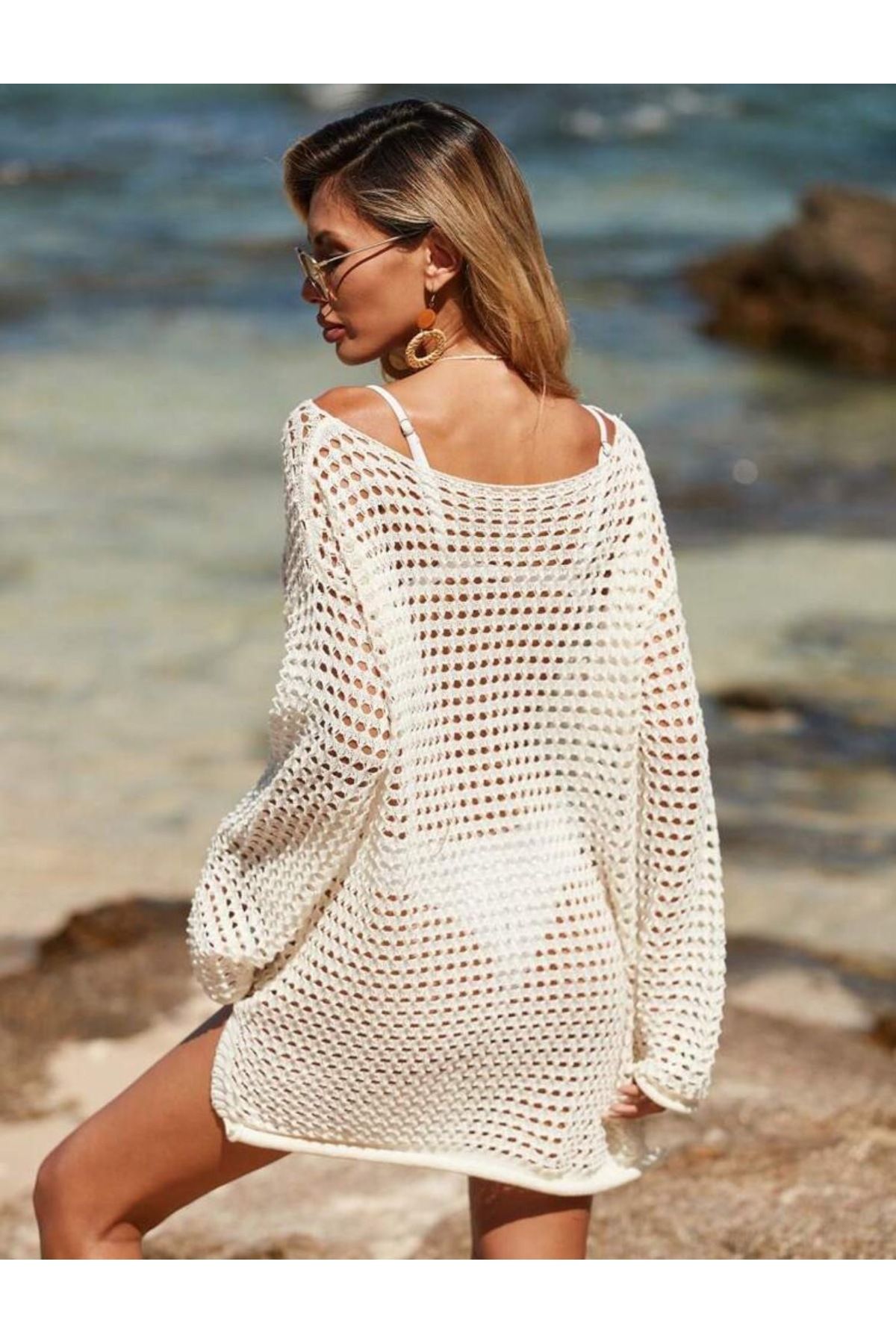 moda mh-Off Shoulder Openwork Patterned Beach Dress-Pareo 4