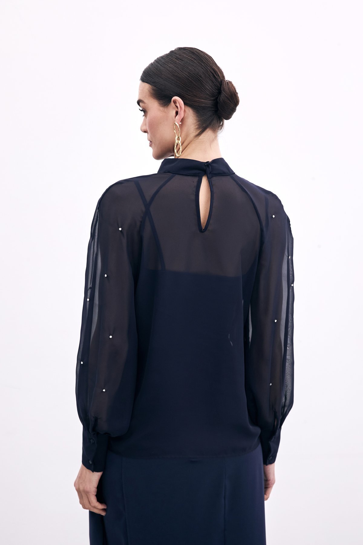 Sateen-Stone Detailed Transparent Blouse - Navy Blue 6