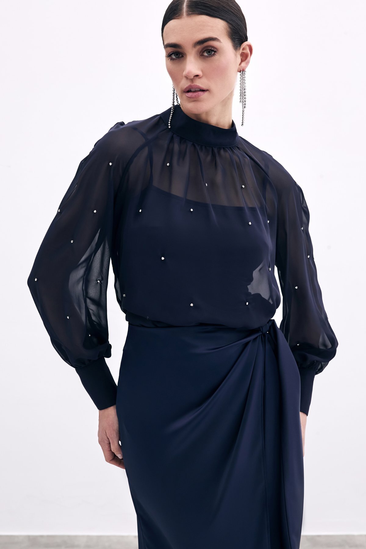 Sateen-Stone Detailed Transparent Blouse - Navy Blue 2