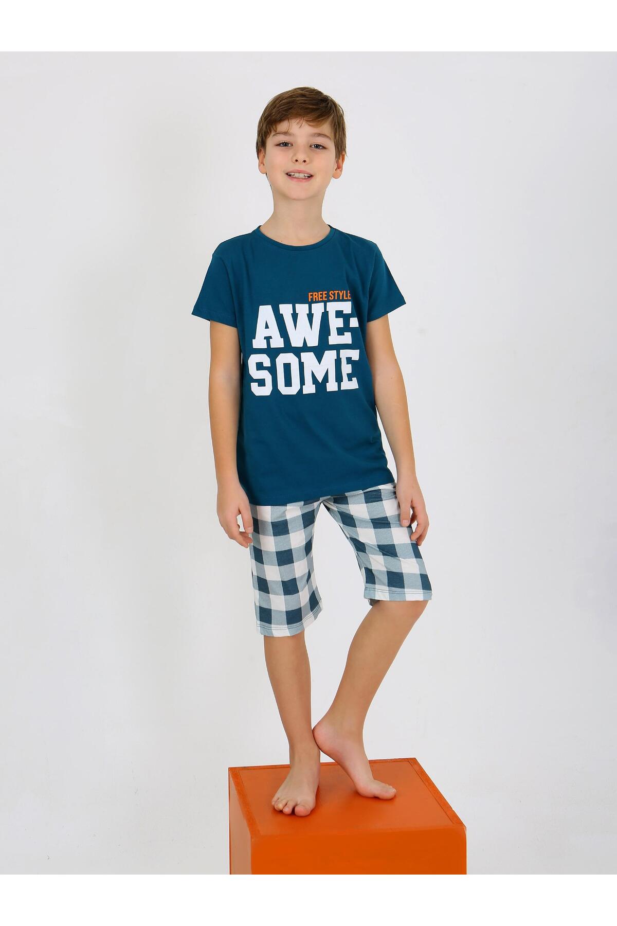 vitmo Erkek Çocuk Kısa Kollu Kapri %100 Pamuklu Pijama Takımı Awesome fotoğrafı 4 (önizleme)