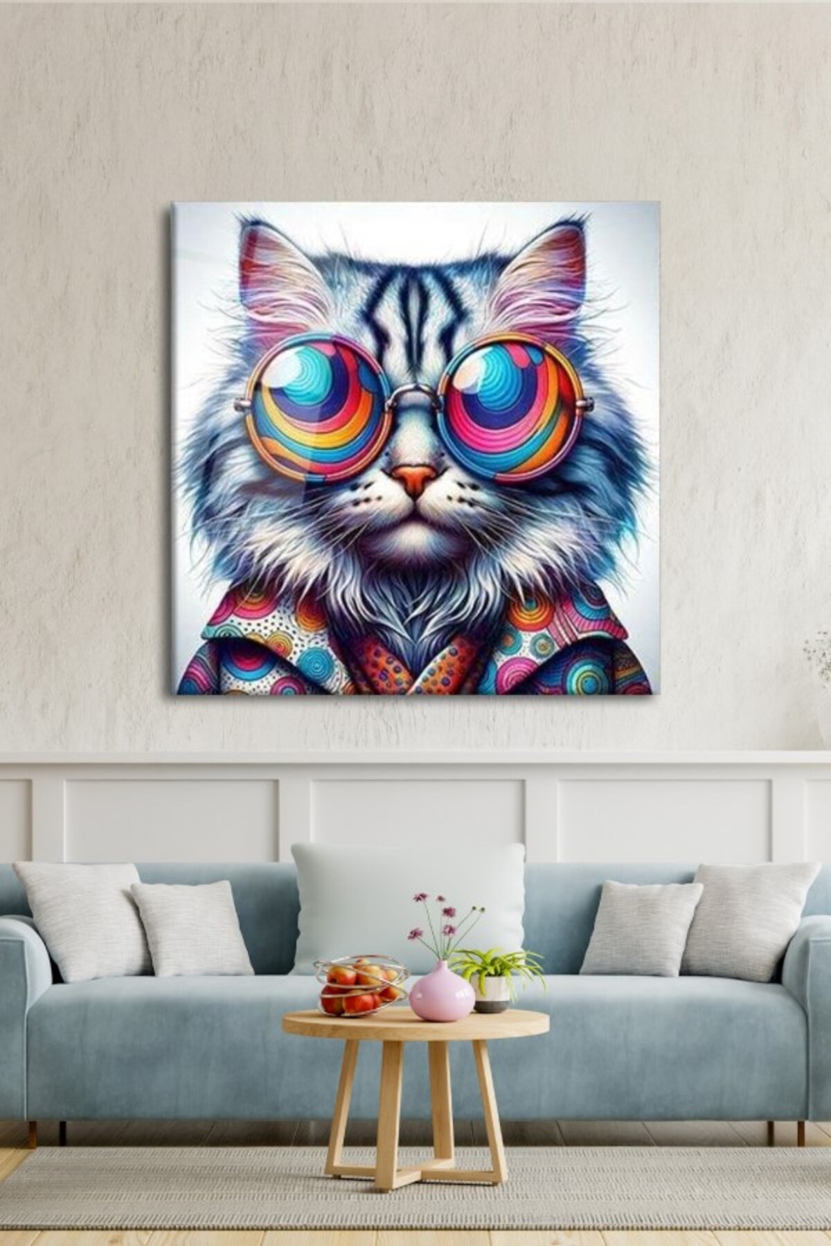 Hipster Kedi Renkli Bakış Cam Tablo görsel 2