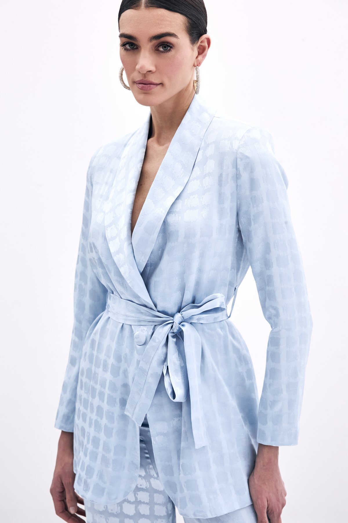 Sateen-Square Patterned Belted Jacket - Baby Blue 6