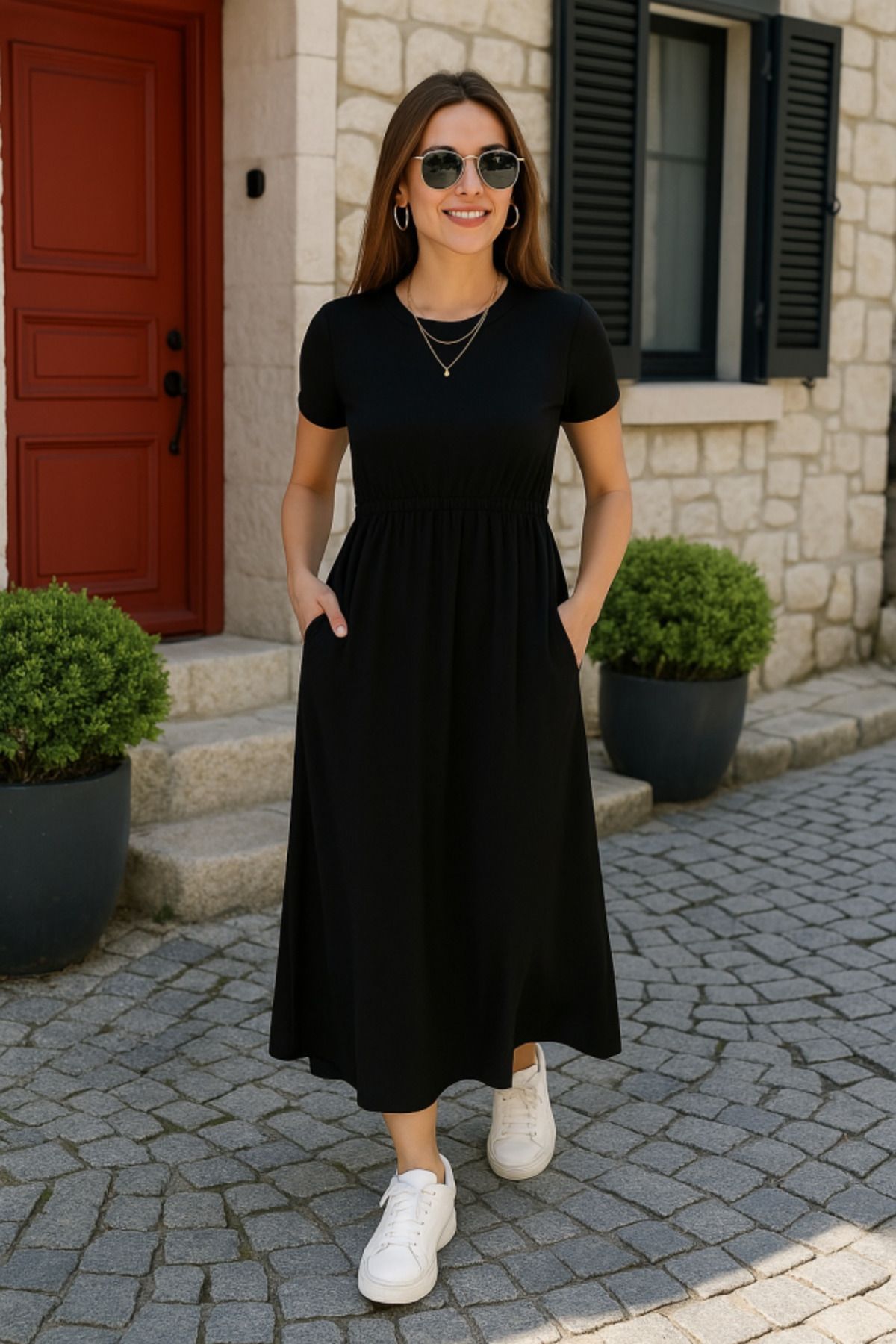 velmorafashion Kadın Kısa Kollu Bisiklet Yaka Belden Bağlamalı önü Bağcık Detaylı Maksi Boy Viskon Elbise