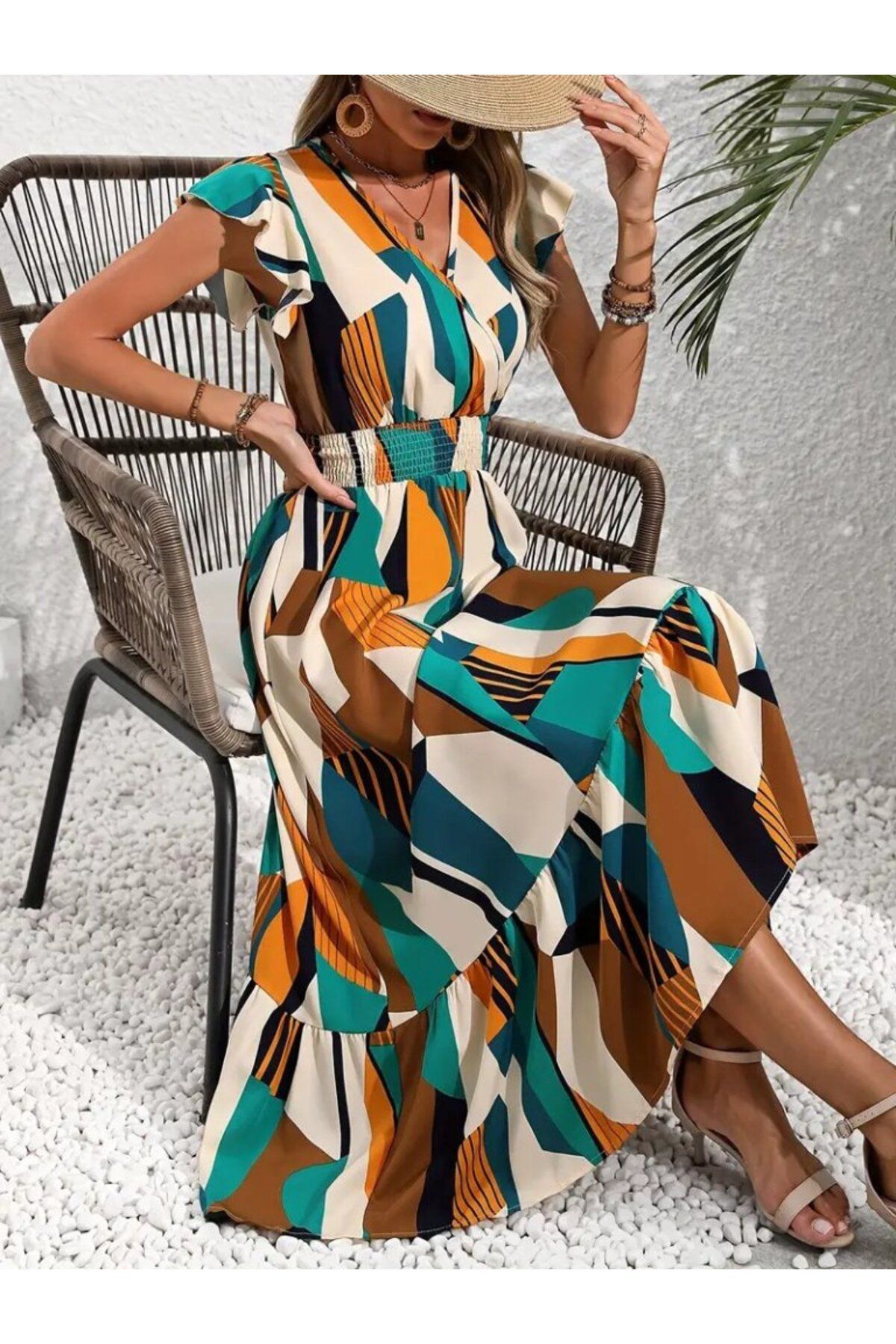 velmorafashion Kadın Kısa Kollu Kruvaze Yakalı Beli Lastikli Desenli Maksi Boy Süprem Elbise