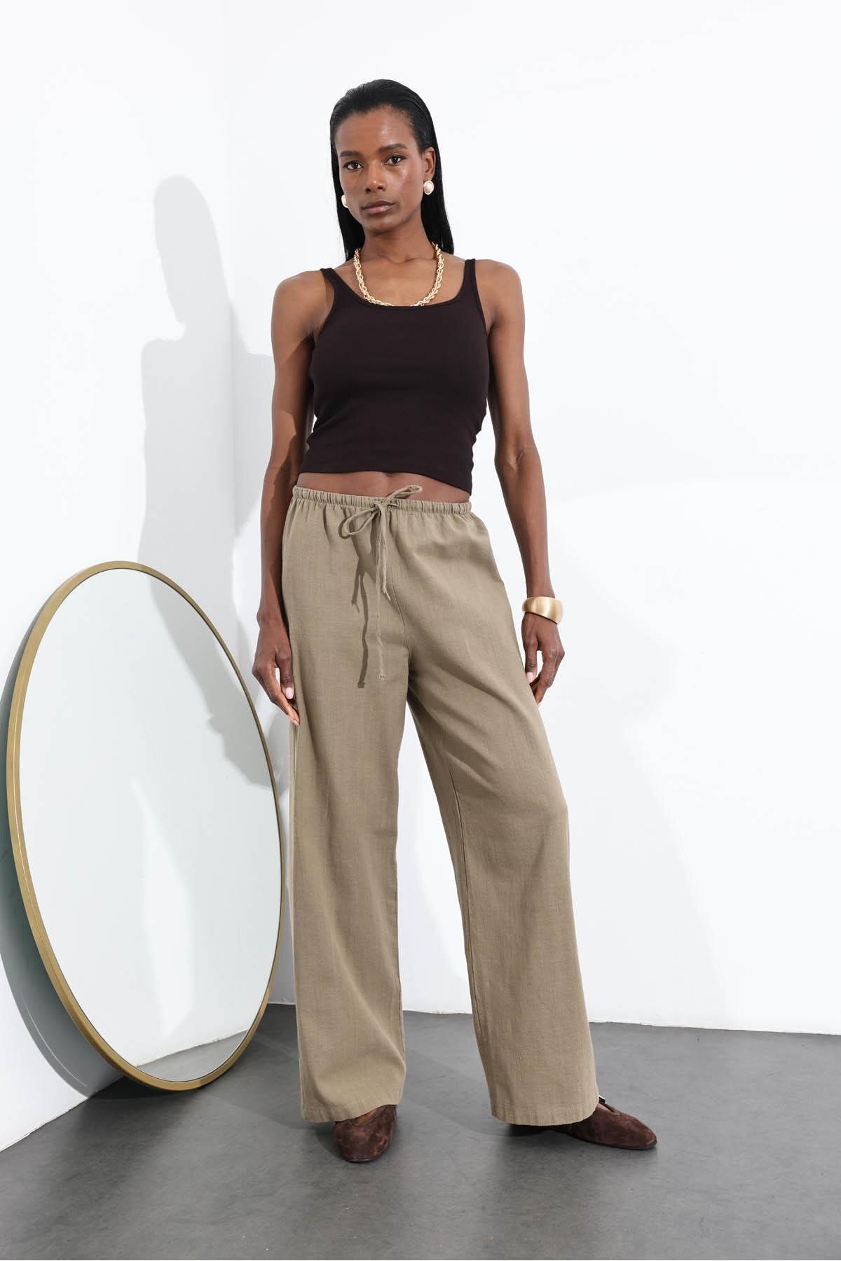 5in1Canpolat-Khaki Elastic Waist Cotton Linen Trousers 251005 2