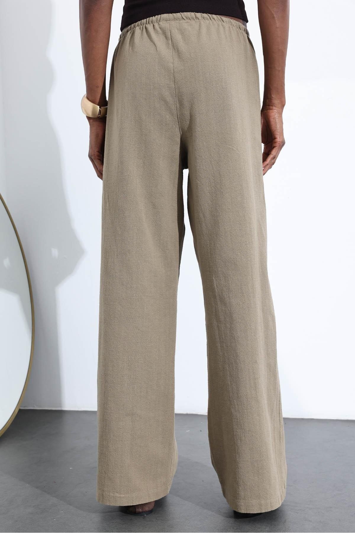 5in1Canpolat-Khaki Elastic Waist Cotton Linen Trousers 251005 6