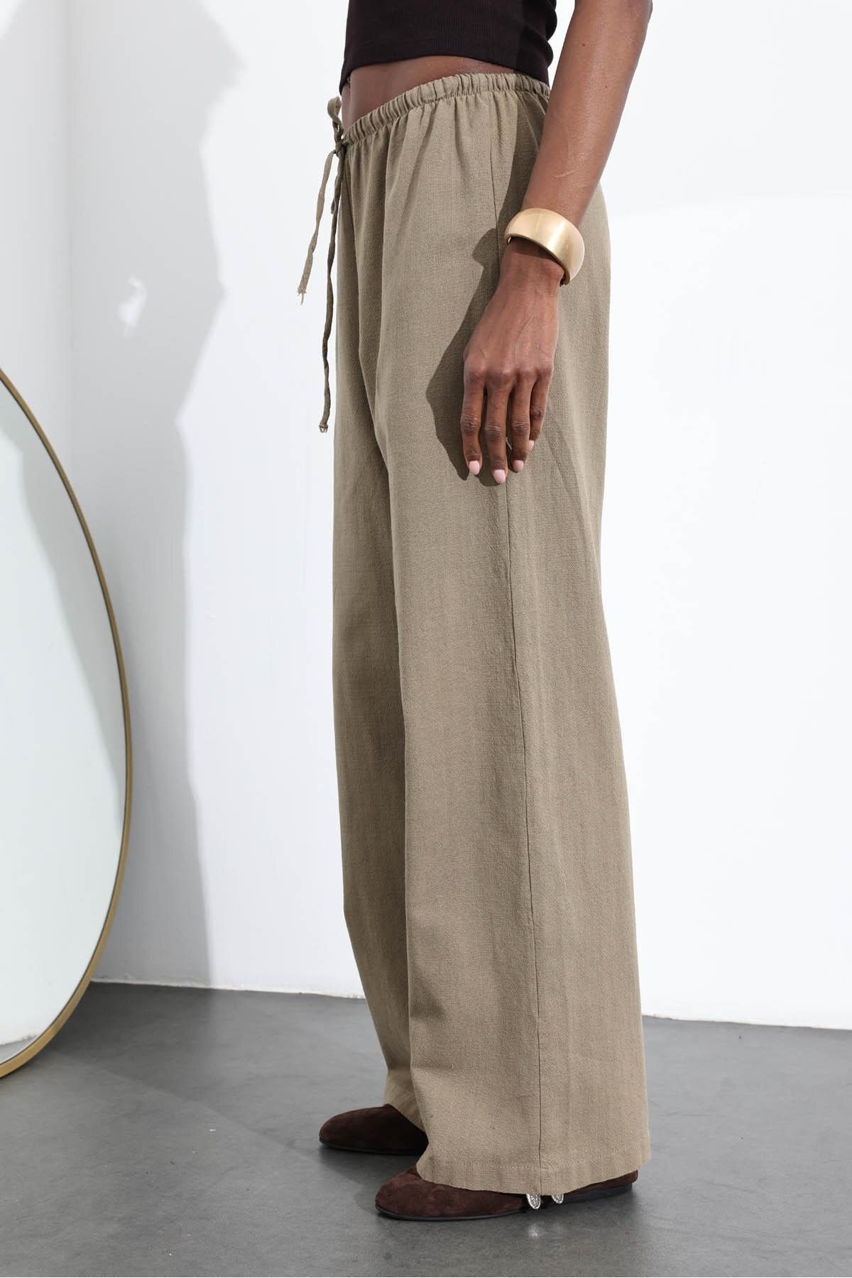 5in1Canpolat-Khaki Elastic Waist Cotton Linen Trousers 251005 5
