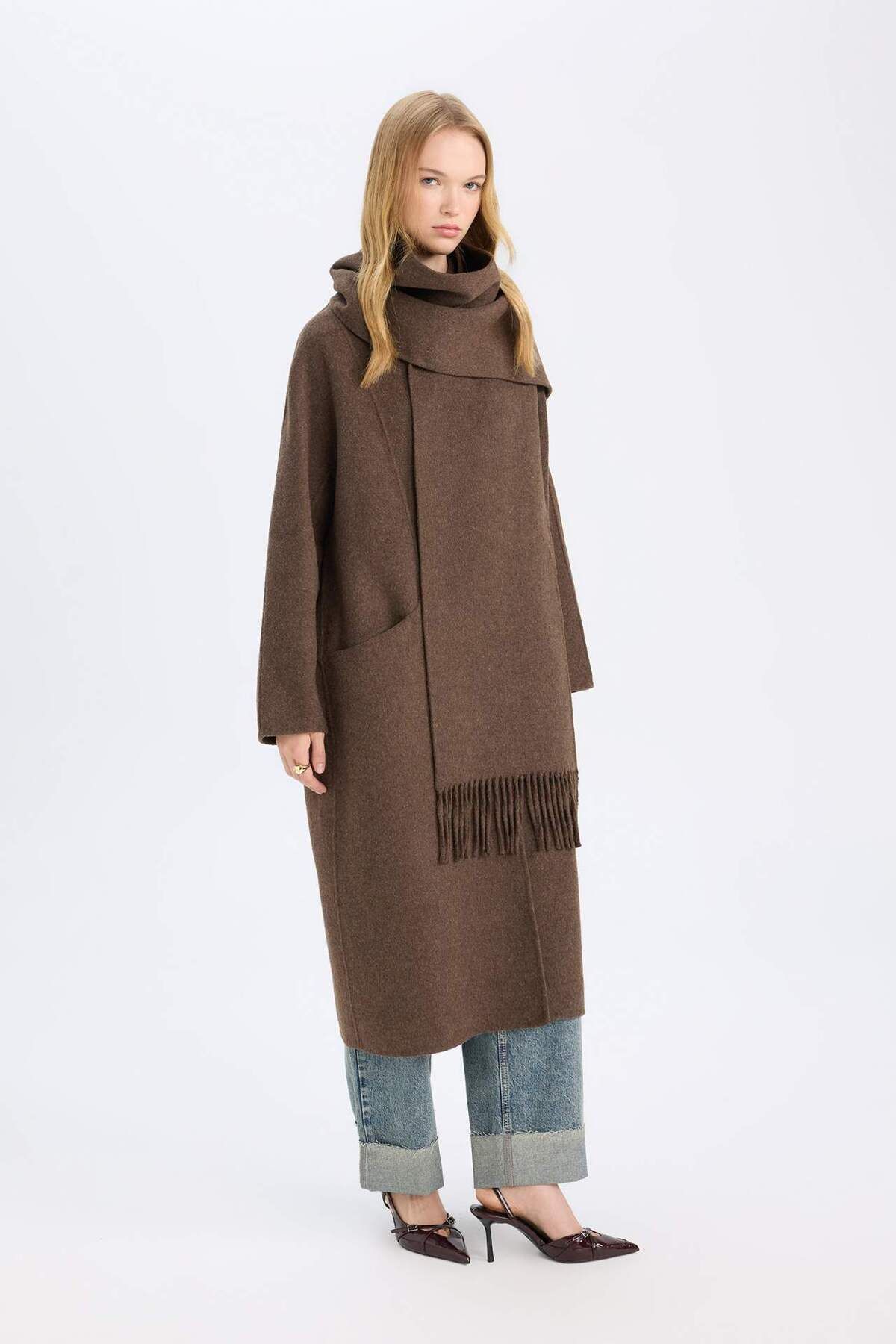 DeFacto-Long Wool Blend Stamp Coat and Shawl Set of 2 - Pockets and Buttons D4000Ax24Wn 3