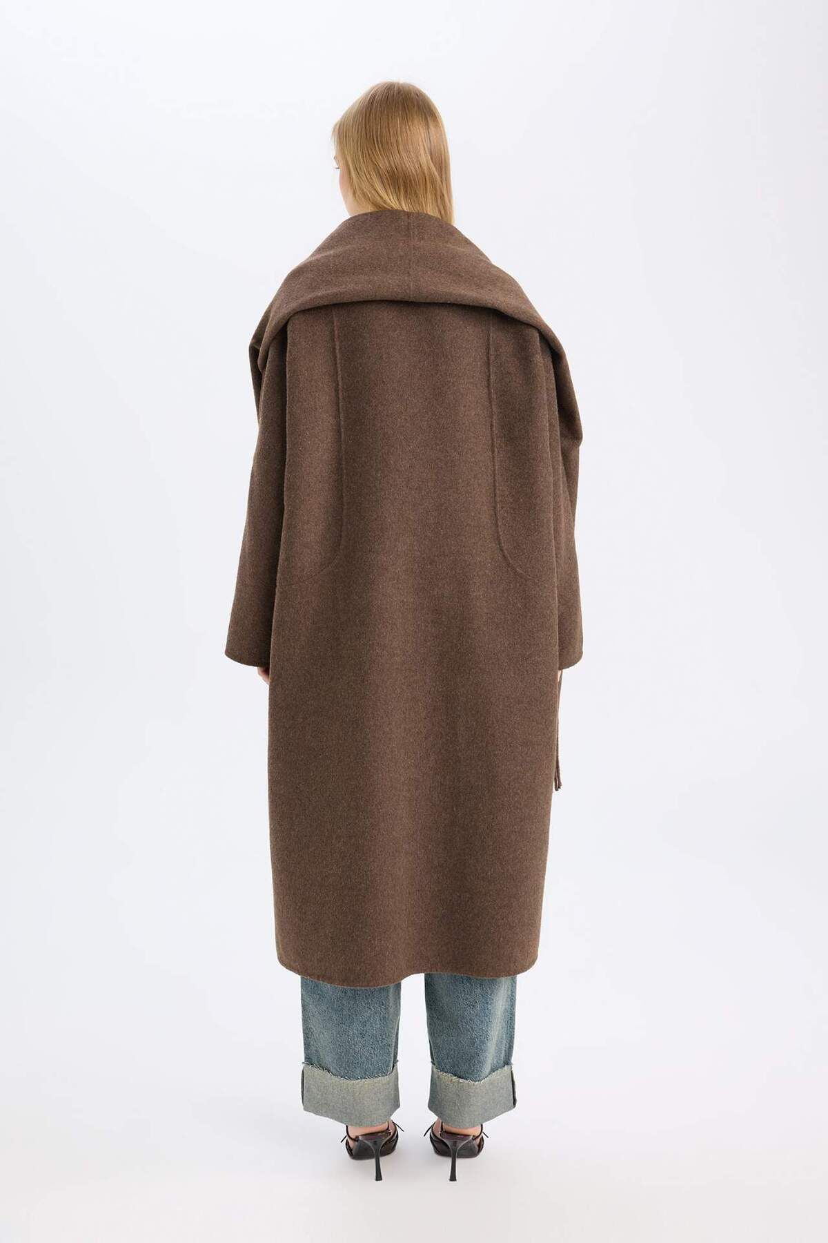 DeFacto-Long Wool Blend Stamp Coat and Shawl Set of 2 - Pockets and Buttons D4000Ax24Wn 8