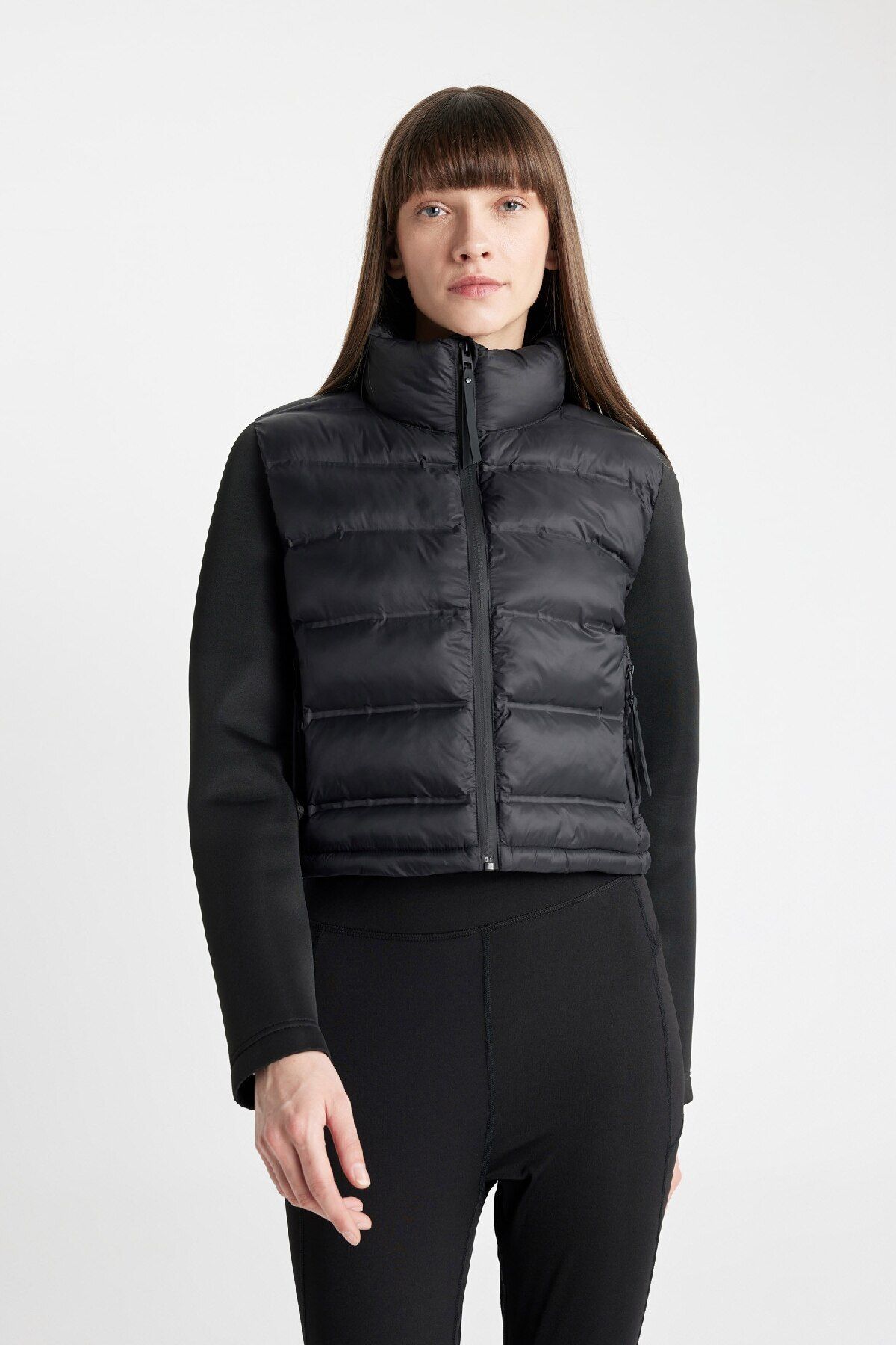 DeFacto-Stand Collar Zipper Scuba Sleeve Puffer Jacket - Pockets, Short C7536Ax24Wn 4