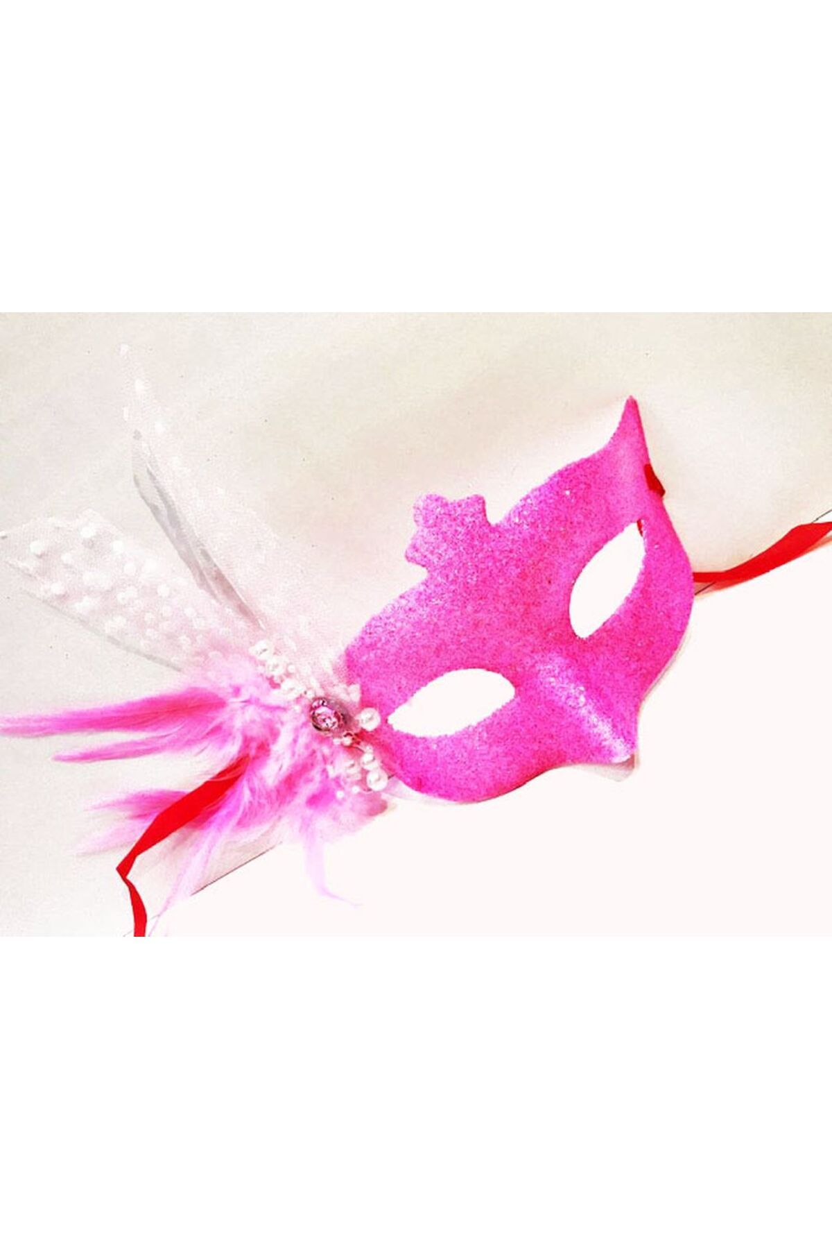 TYYLİ Sim İşlemeli İnci Boncuk Detaylı Tüylü Balo Maskesi Pembe Renk 13x18 cm