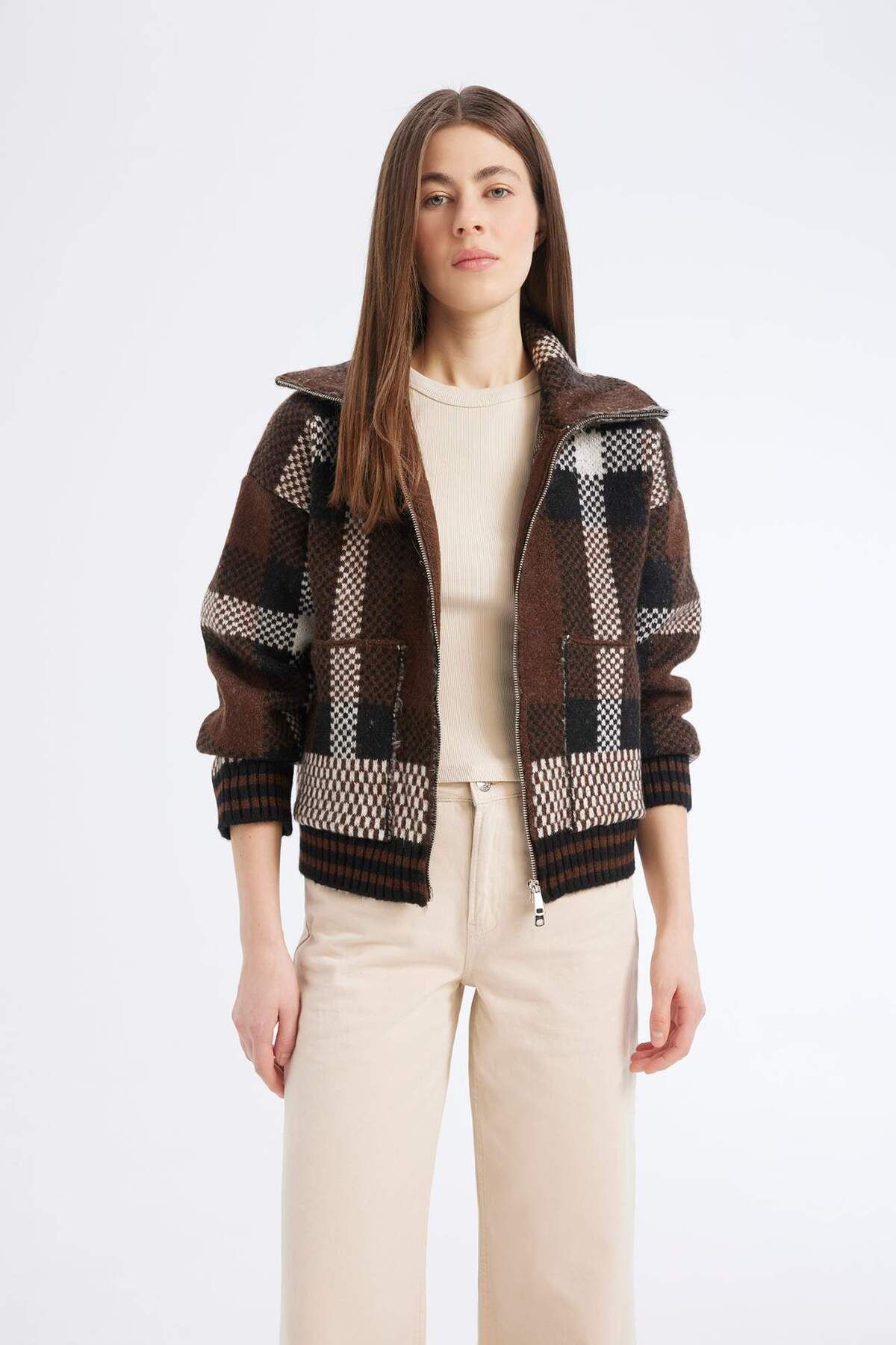 DeFacto-Regular Fit Checked Zippered Collar Knitwear Cardigan E7733Ax25Sp 3