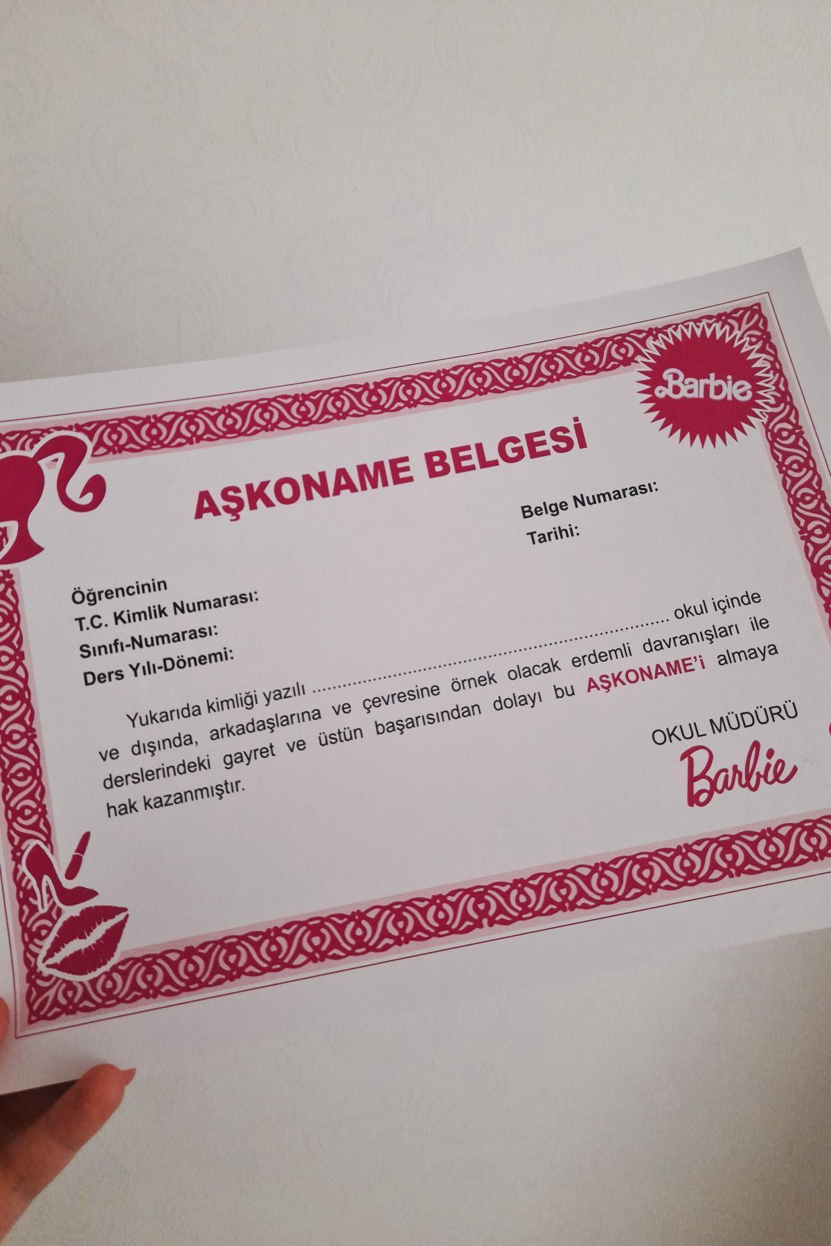 SARANG-Aşkoname Barbi Appreciation Certificate A4 Size Customizable Aşko Certificate 1