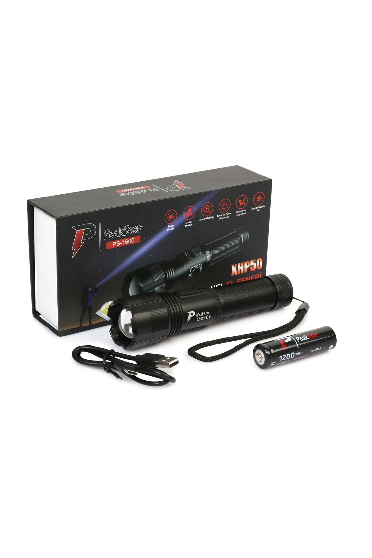 Kuzgun Ticaret PeakStar Ps-1600 Süper Parlak Led Zoomlu 5 Mod Su Geçirmez Profesyonel Kamp Bekçi Avcı Feneri